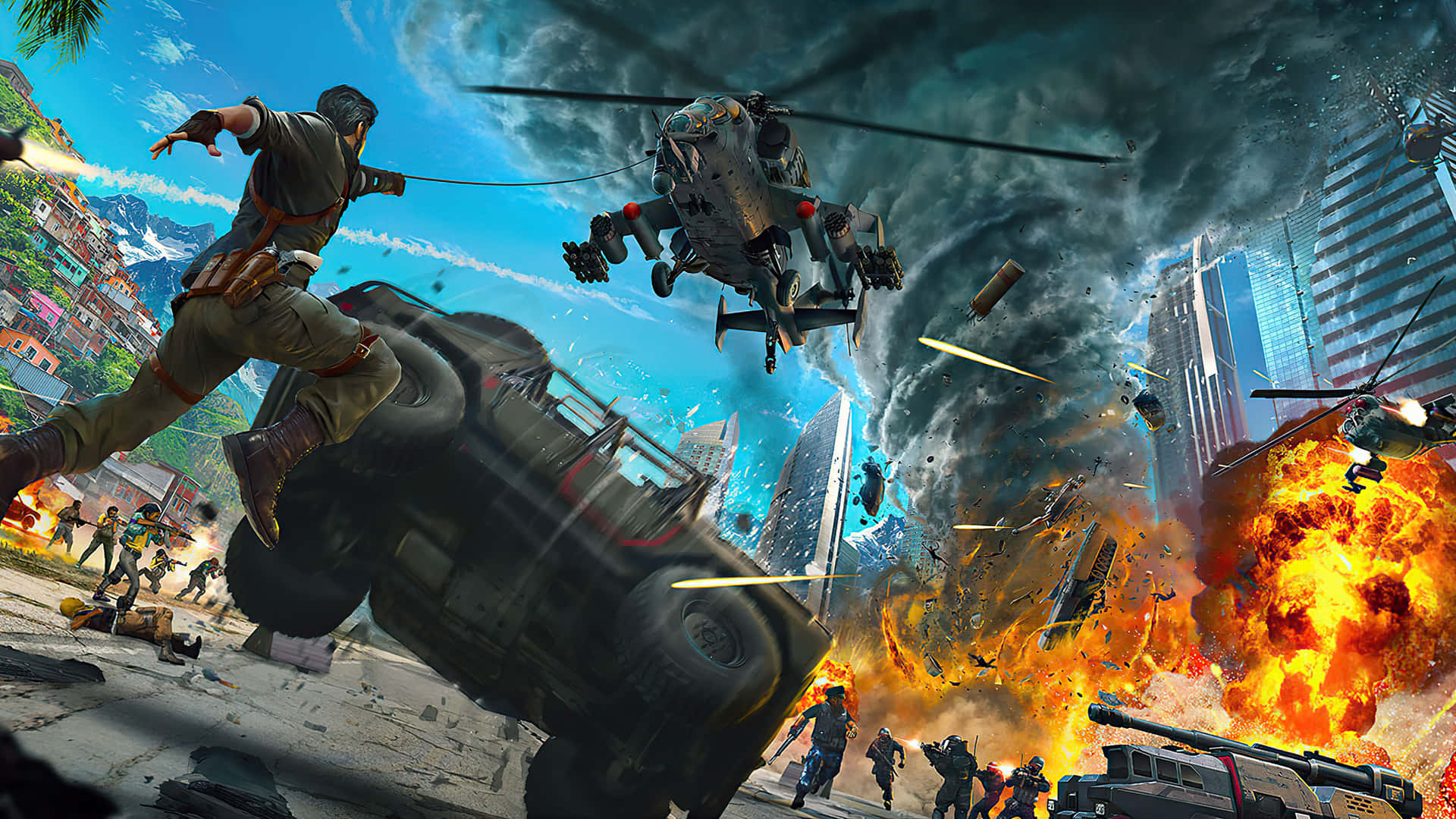 Just Cause 4 1920x1080 背景：城市風暴 壁紙 — 一名士兵跳過翻倒的軍用吉普車，直升機轟炸著被猛烈爆炸和碎片吞噬的城市景觀。