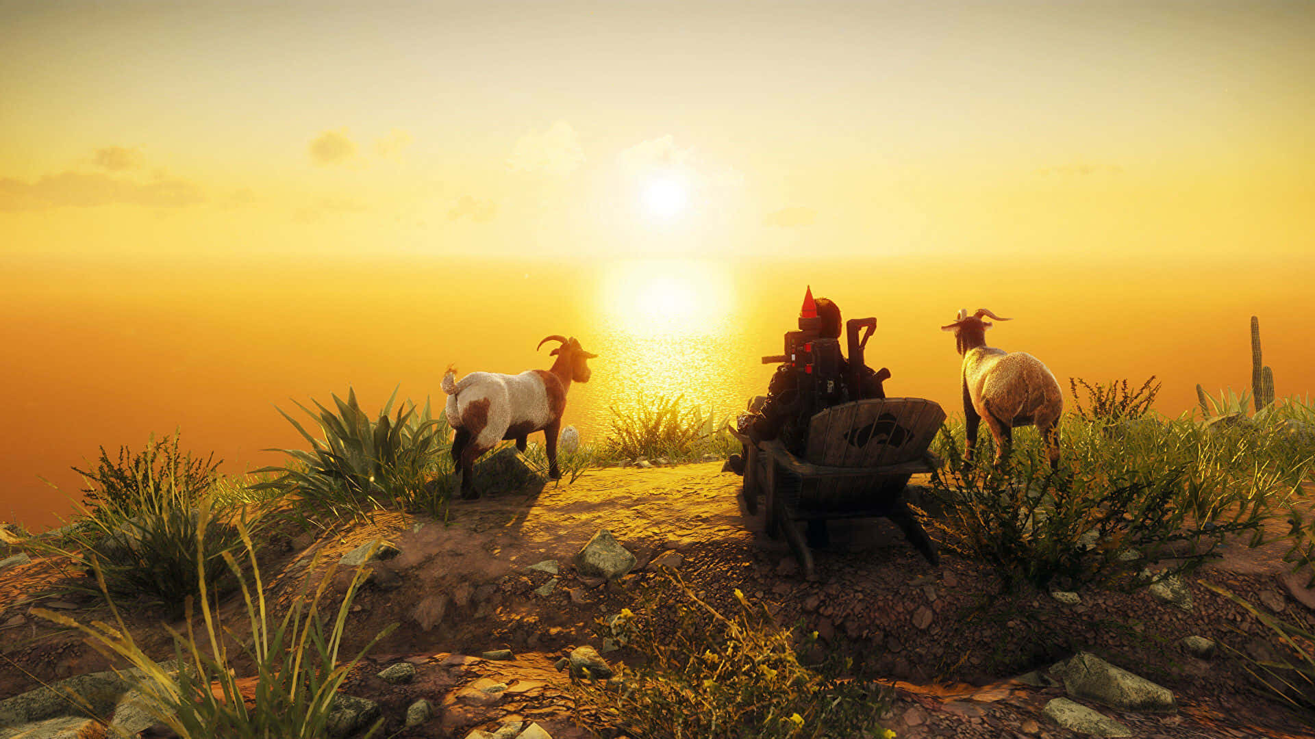 Just Cause 4 1920x1080 背景：日落 壁紙 — 一個孤獨的身影穿著紅色盔甲坐在椅子上，兩隻山羊在旁邊，位於沙漠懸崖頂上，金色夕陽下。