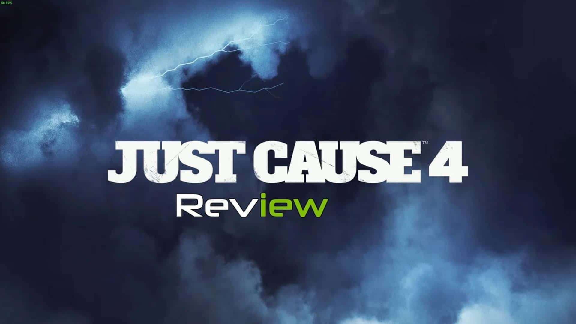 Just Cause 4 1920x1080 背景：遊戲評測 壁紙 — 粗體白色和綠色文字在戲劇性的暴風雨天空和閃電背景下顯示 Just Cause 4 Review。