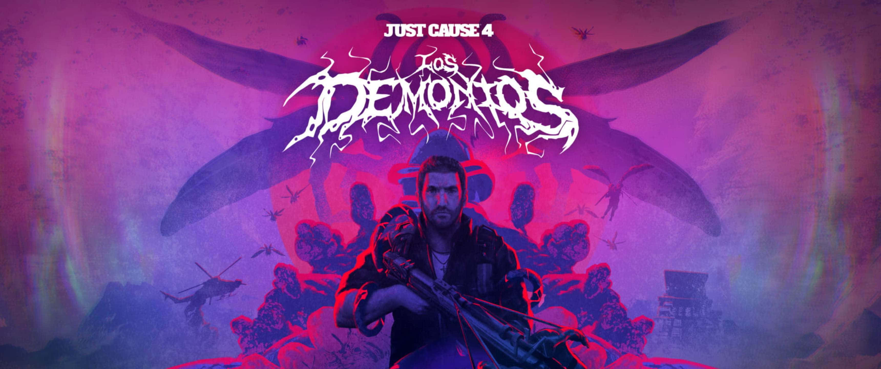 《Just Cause 4》「Los Demonios」內容海報 3440x1440p 壁紙 — 一個粗獷的男人拿著步槍，挑釁地站在超現實的紫色和粉紅色背景前，背景有巨大的翅膀和風格化字體的「Los Demonios」文字。