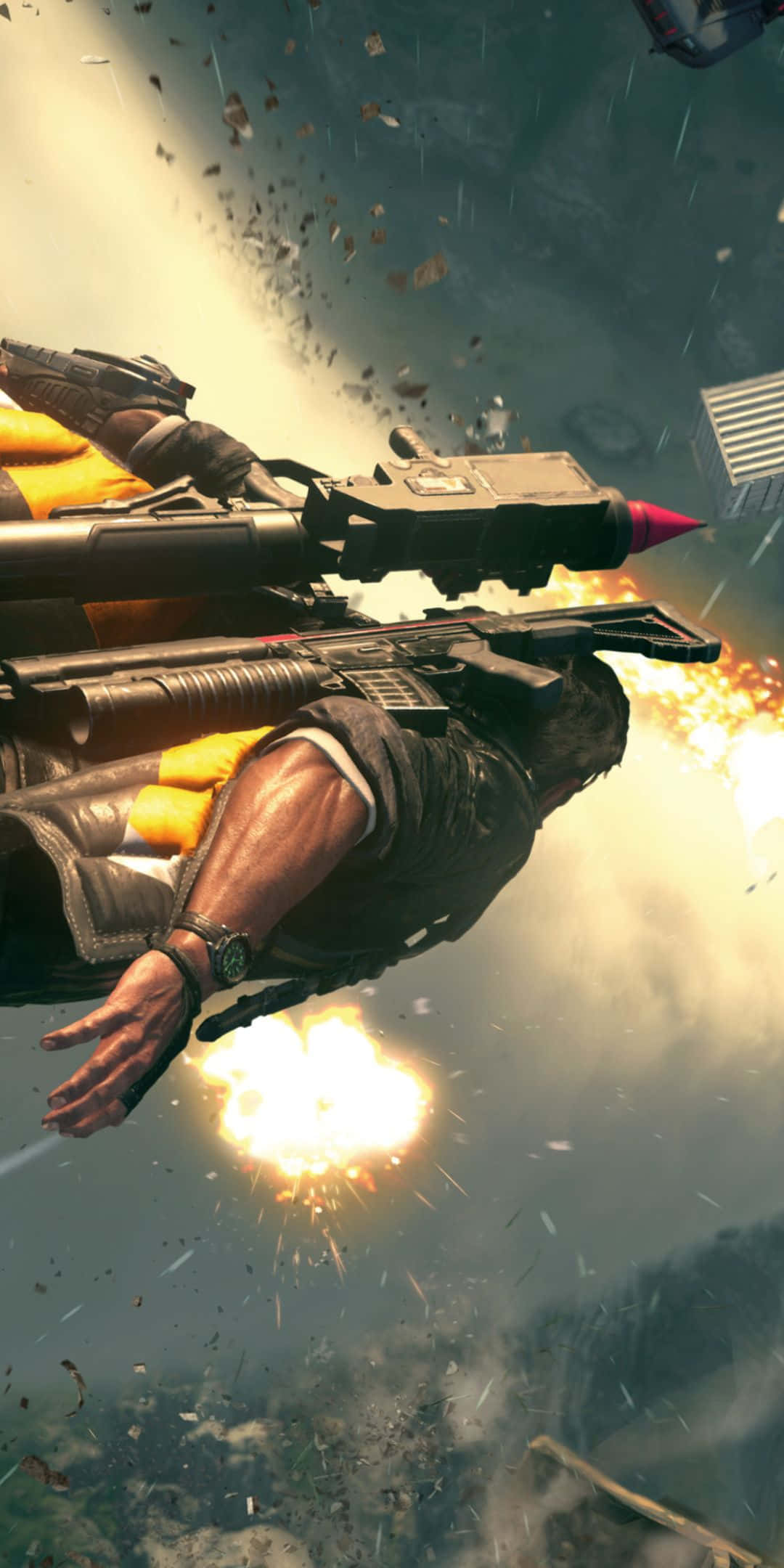 《Just Cause 4》角色於 Pixel 3 深度畫質中展現驚險動作 壁紙 — 一名士兵在半空中發射火箭炮，周圍爆炸和碎片如雨般落下。