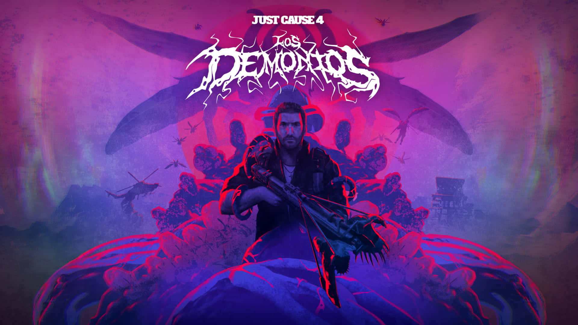 《Just Cause 4》中的激烈戰鬥 壁紙 — 一個粗獷的男人拿著步槍站在巨型仙人掌上，在超現實的紫色天空下，有飛行的生物和標題 Just Cause 4 Los Demonios。