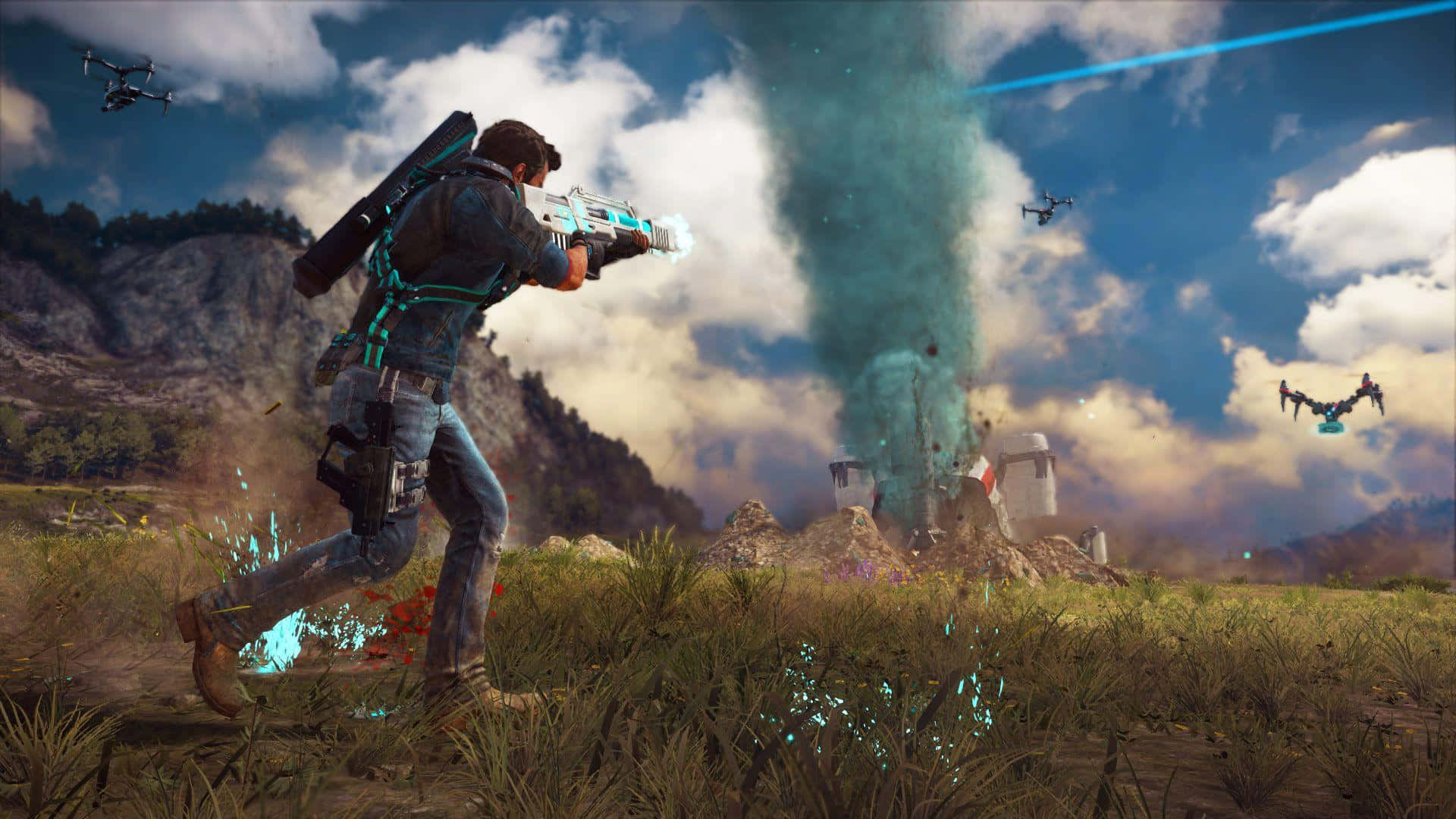 《Just Cause 4》刺激動作高畫質背景圖 壁紙 — 一名士兵在草地上發射發光武器，無人機在上空飛過，遠處發生巨大爆炸。