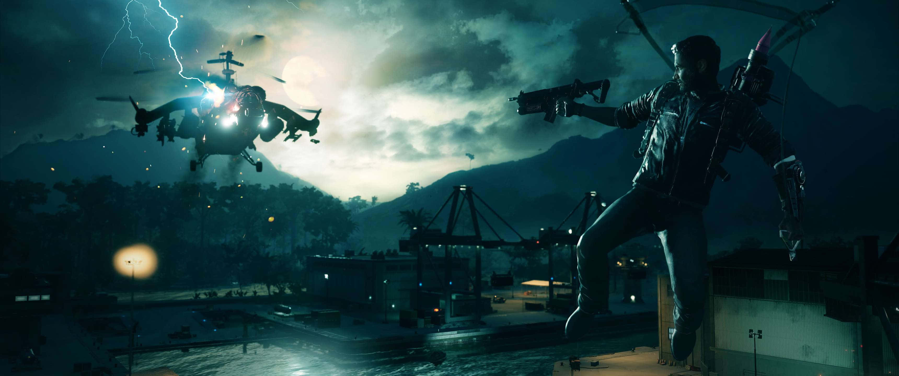 《Just Cause 4》夜間戰鬥場景 3440x1440p 壁紙 — 一名士兵在夜間從屋頂跳下，直升機在雷電交加的暴風雨天空下從頭頂飛過。