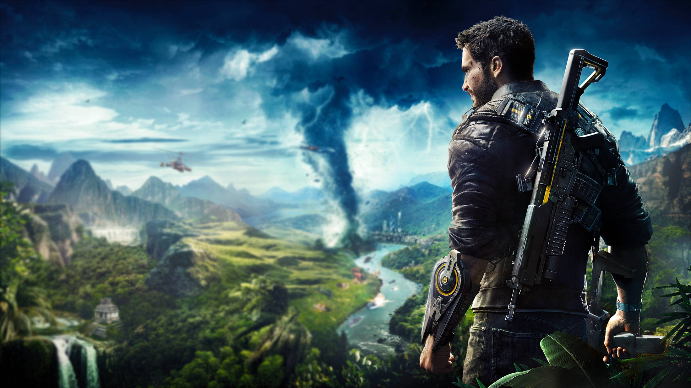 Just Cause 4 山脈 壁紙 — 一名強壯的士兵手持步槍，俯瞰著茂密的叢林山谷，遠處一場巨大的龍捲風在暴風雨的天空下肆虐。