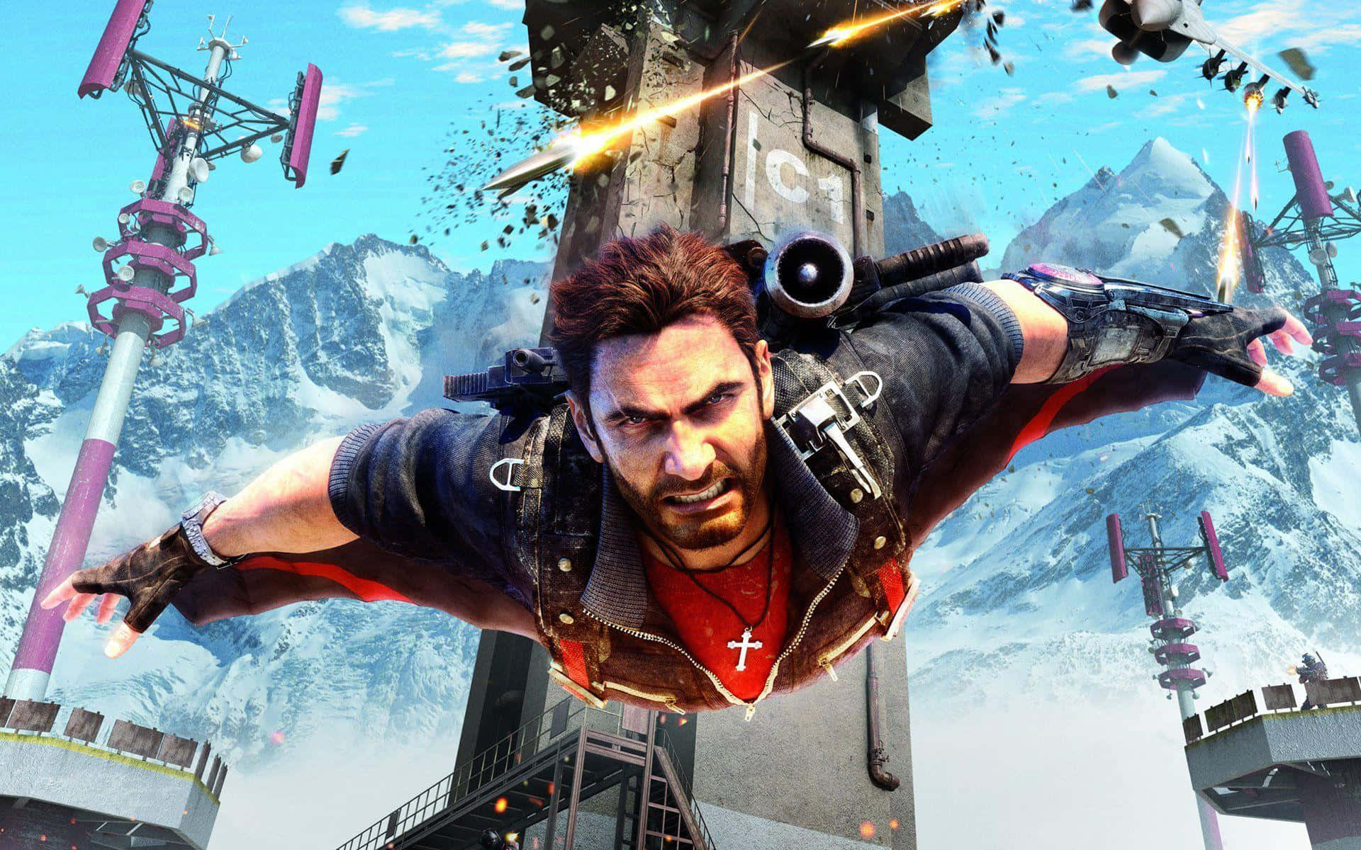 Just Cause 4：帶來極致體驗的動作遊戲 壁紙 — 一名身穿紅色襯衫和皮背心的男子在爆炸的建築物中騰空而起，背景是白雪皚皚的山脈。