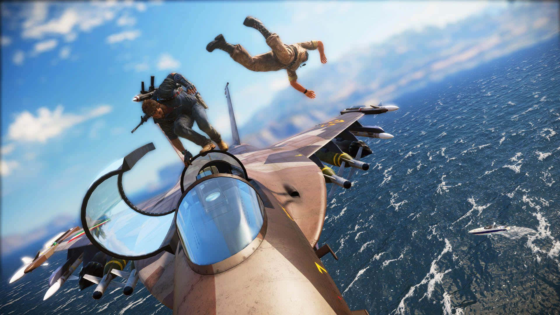 《Just Cause 4》征服天空 壁紙 — 一名士兵從戰鬥機上跳下，戰鬥機在晴朗天空下翱翔於廣闊的藍色海洋之上。