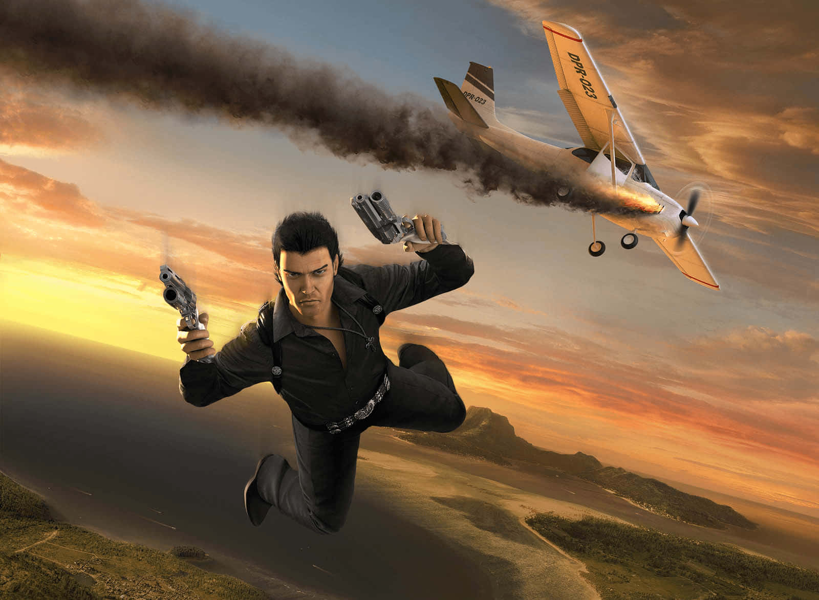 Just Cause 4 最佳背景：從冒煙飛機跳傘 壁紙 — 一個穿黑色西裝的男人在日落天空跳躍射擊，一架冒煙的飛機在沙漠地形上空飛過。