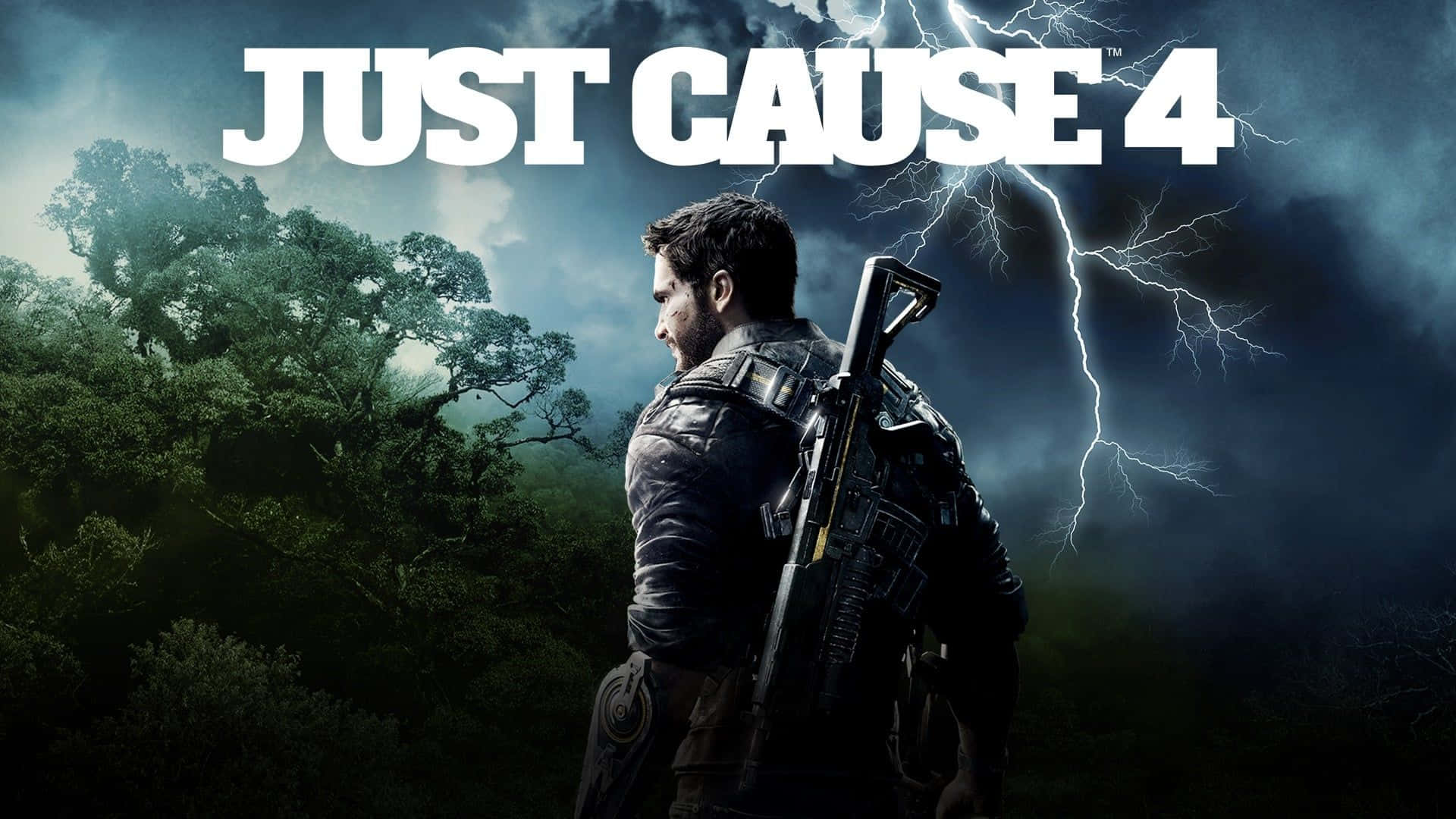 《Just Cause 4》最佳背景海報：里科與閃電 壁紙 — 一名強壯的士兵手持步槍，在暴風雨的叢林中站立，背後閃電劃破黑暗的天空。