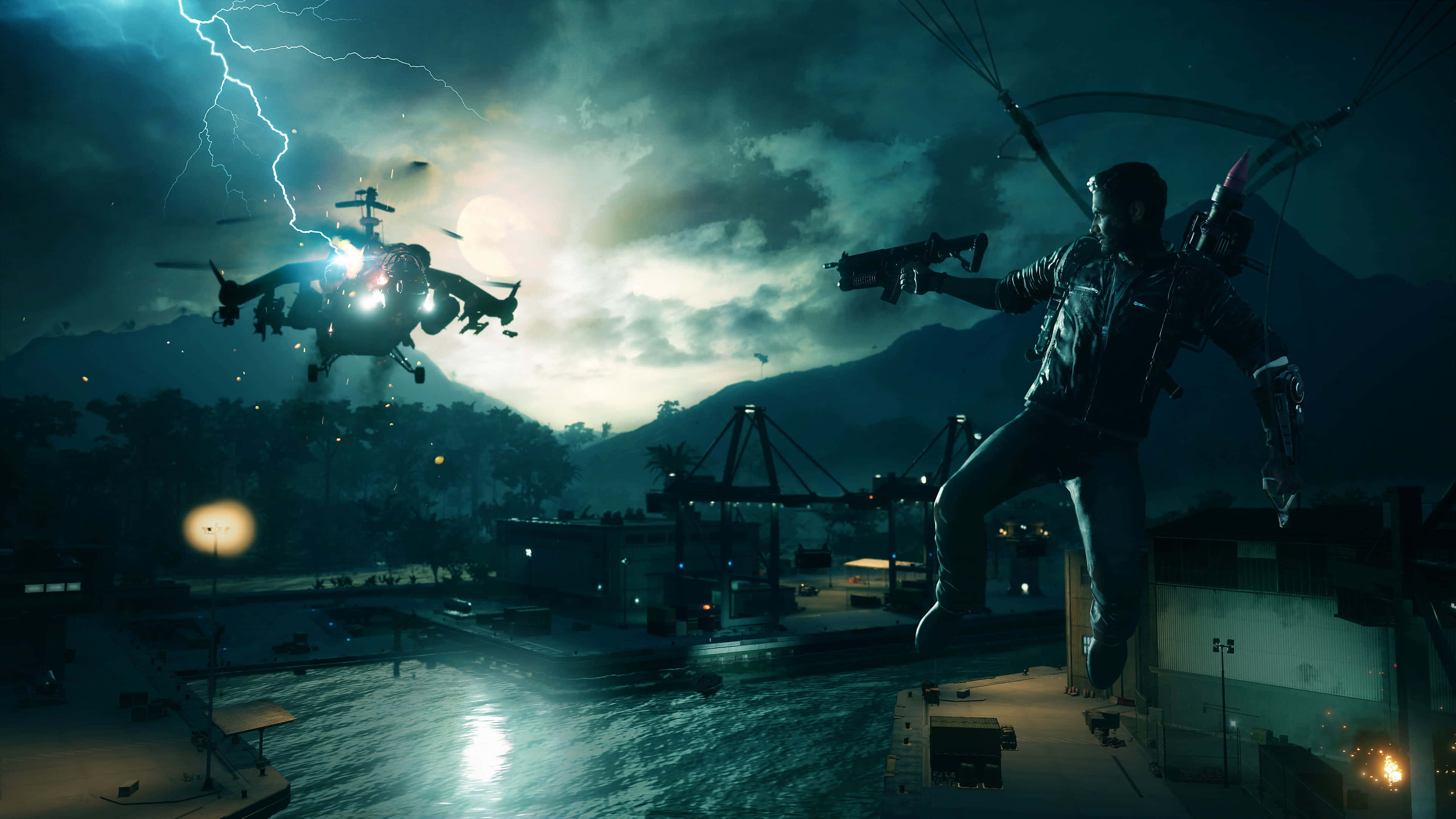 《Just Cause 4》背景：里科射擊直升機 壁紙 — 一名士兵在夜晚從屋頂跳下，一架直升機在佈滿閃電的天空下飛過頭頂。
