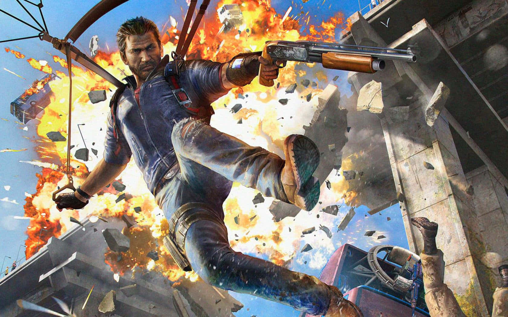 《Just Cause 4》背景：里科跳傘飛行 壁紙 — 一個強壯嘅男人喺火燄爆炸同崩塌嘅混凝土中跳起，同時開槍射擊散彈槍。