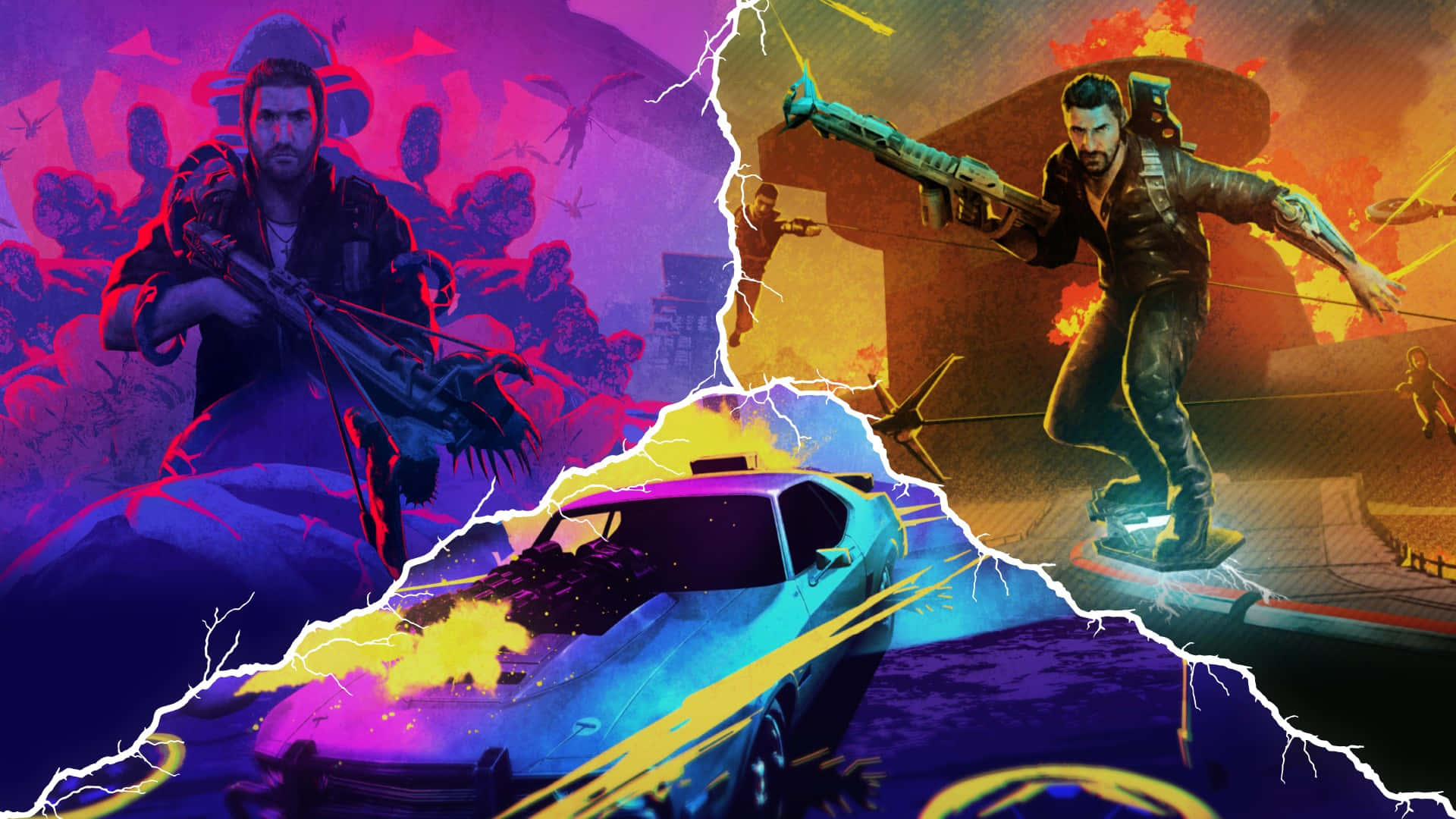 Just Cause 4 色彩繽紛背景 壁紙 — 一個分屏數碼藝術牆紙顯示一個男人在紫色喪屍區域中持弓，另一個男人在熾熱橙色區域中開火，兩者被一輛帶有閃電效果的發光汽車分隔。