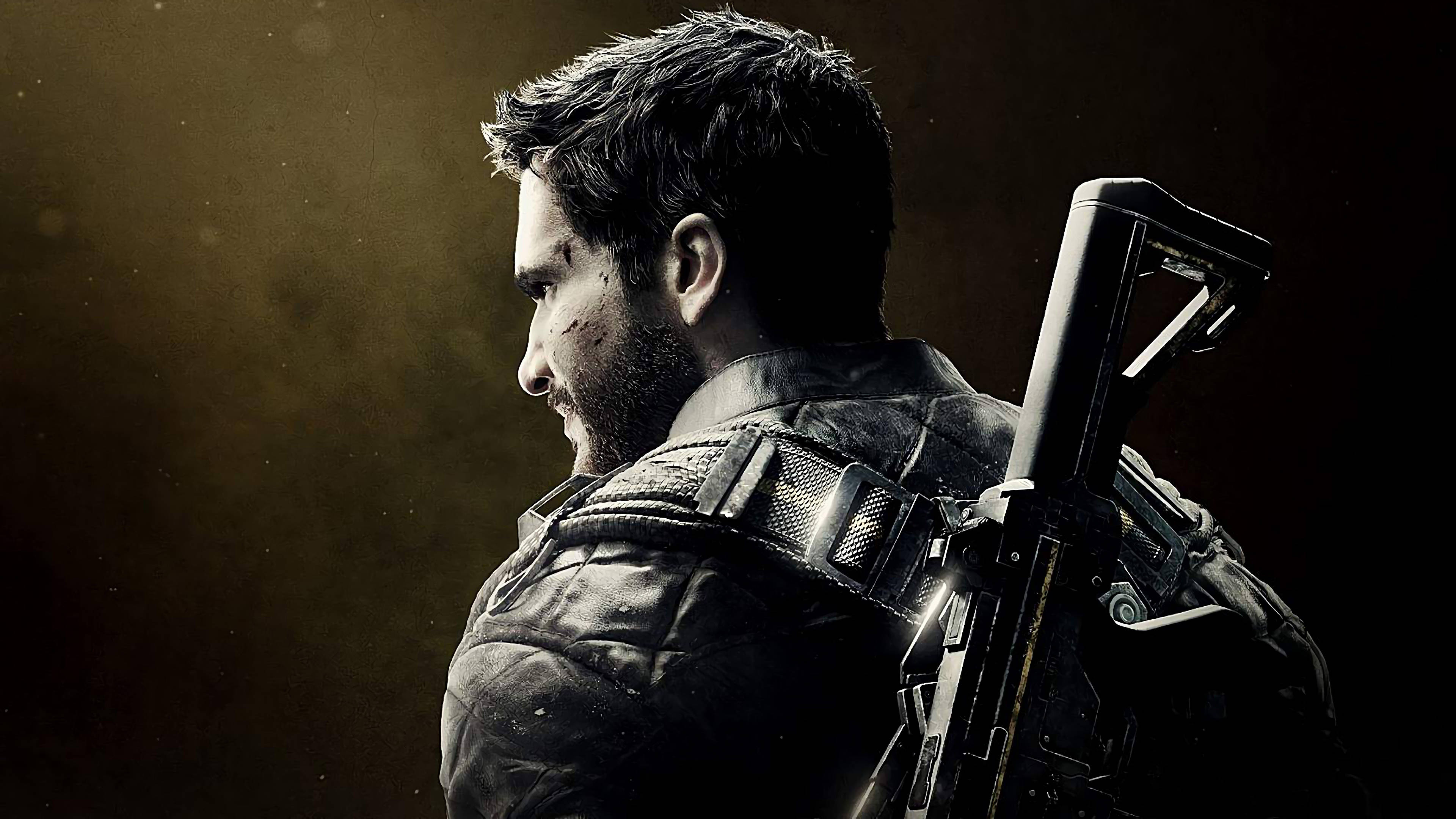Just Cause 4 角色 壁紙 — 一名身穿戰術裝備、肩扛步槍的粗獷士兵，站在昏暗灰塵的光線中。