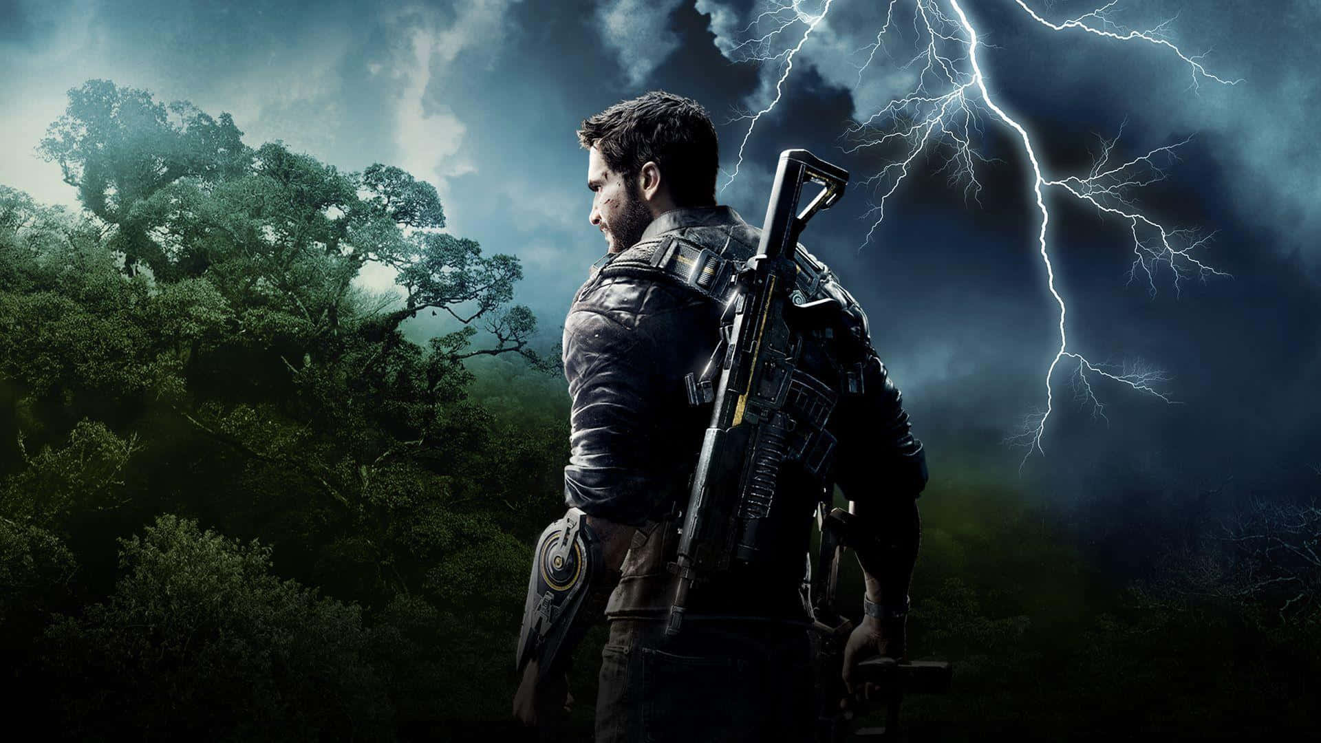 Just Cause 4中的精彩動作 壁紙 — 一名強壯的士兵手持步槍，站在暴風雨的森林中，身後閃電劃過。