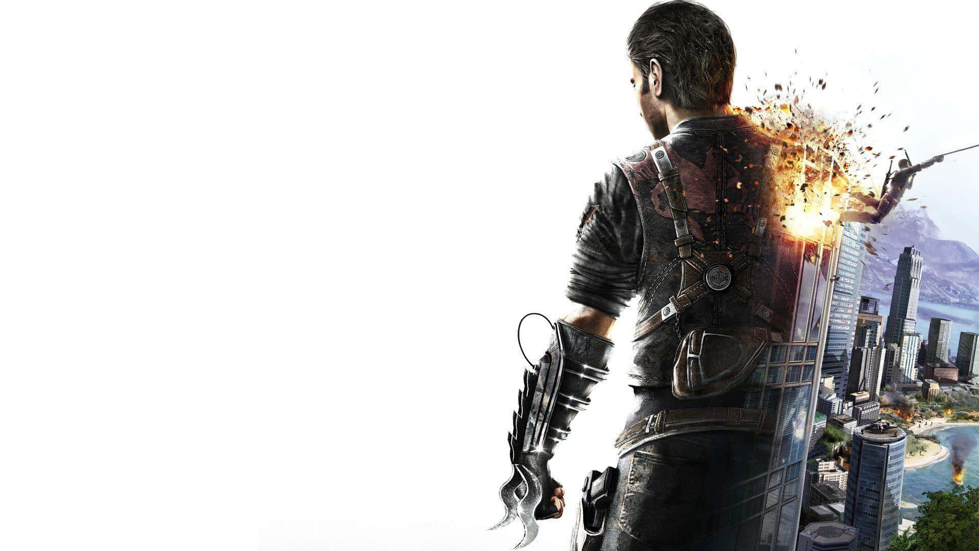 Just Cause 4最佳背景：Rico白底照 壁紙 — 一名身穿戰術裝備的男子站在爆炸的逆光中，俯瞰未來主義的城市景觀。