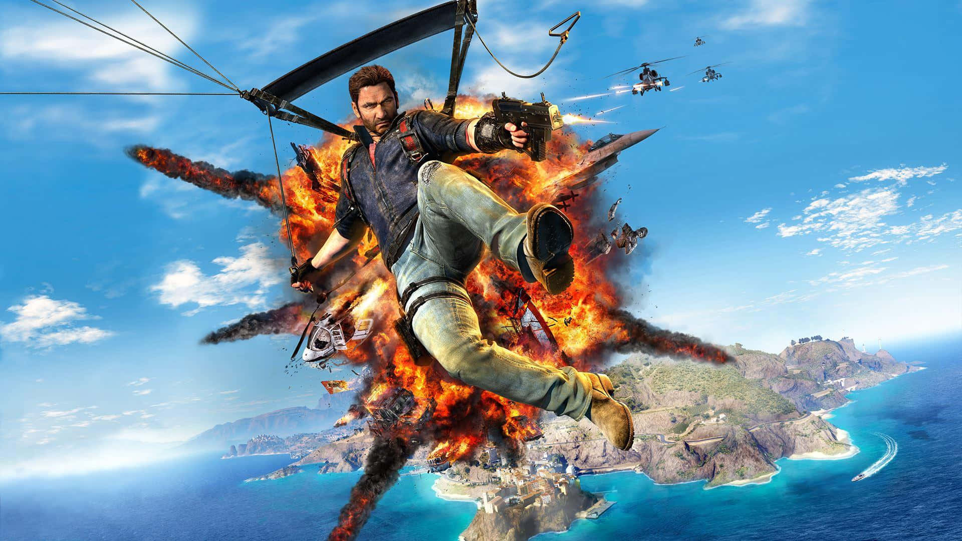 Just Cause 4的經典遊戲場景 壁紙 — 一名男子從滑翔機上懸掛，在沿海島嶼上空，直升機在天空中，身處熾熱爆炸之中。