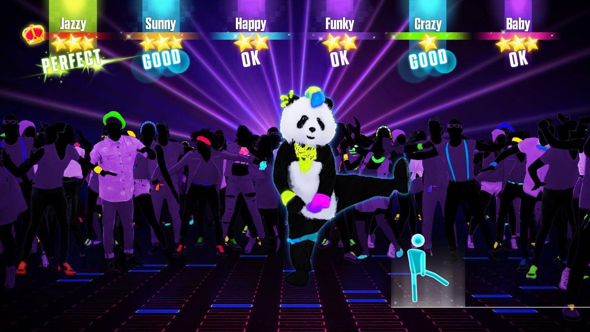 Just Dance 2016 舞動熊貓 壁紙 — 熊貓吉祥物在發光的舞池上充滿活力地跳舞，周圍是剪影舞者，在充滿活力的紫色激光燈光下。