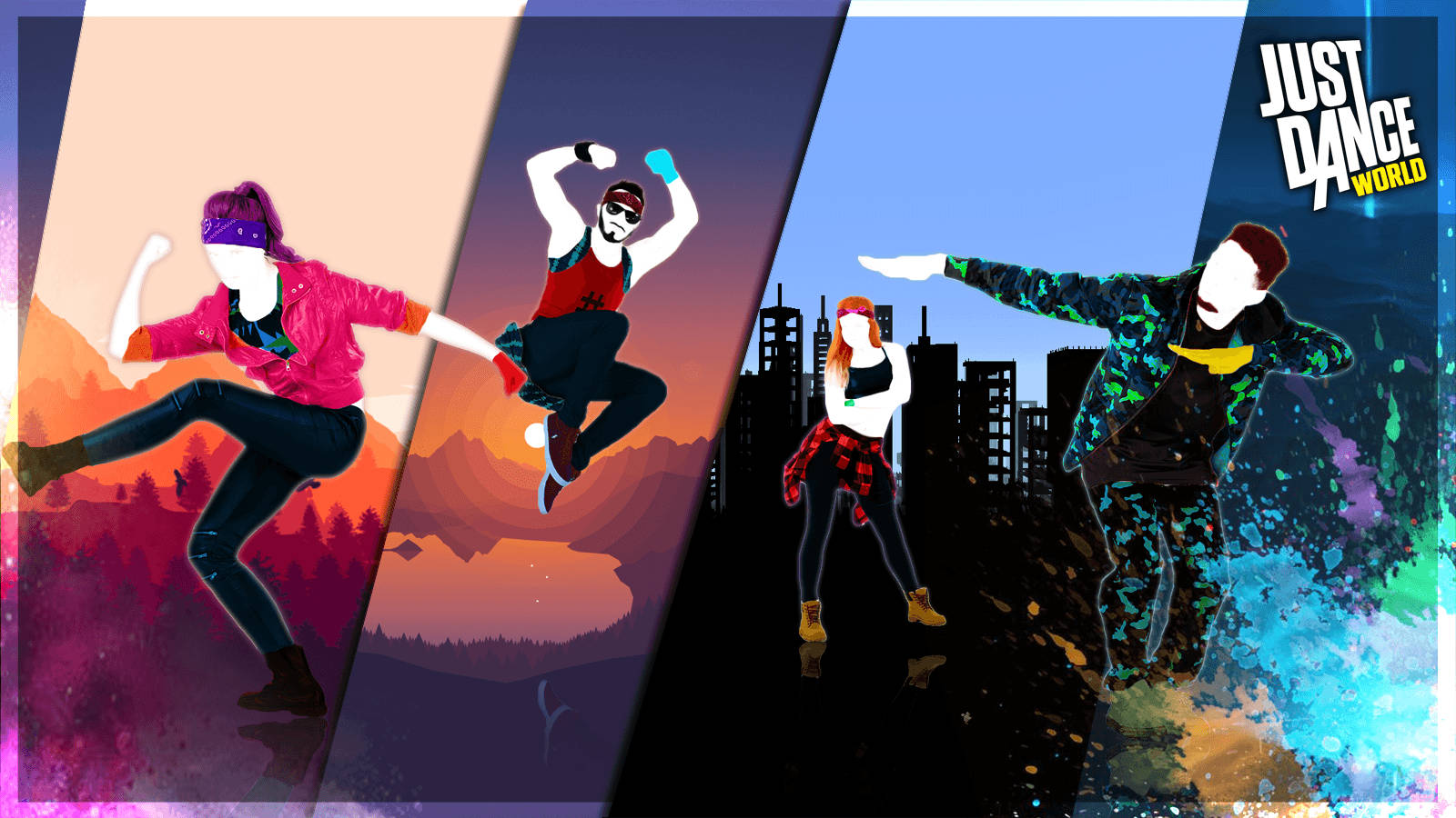 Just Dance World 四地舞者 壁紙 — 四位風格化的舞者穿著鮮豔服裝，在色彩繽紛的分段背景上動態跳躍，背景包括山脈和城市景觀。