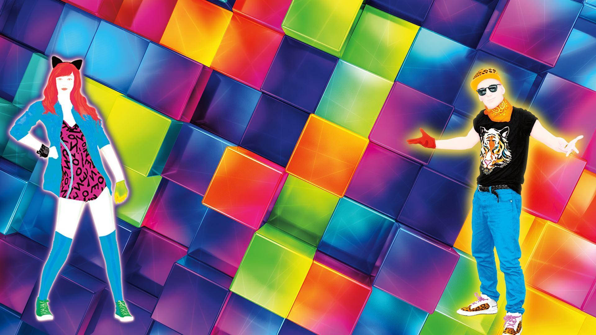 Just Dance 舞者與彩色方塊 壁紙 — 兩位風格化的舞者在充滿活力的發光多色立方體網格上擺出姿勢。