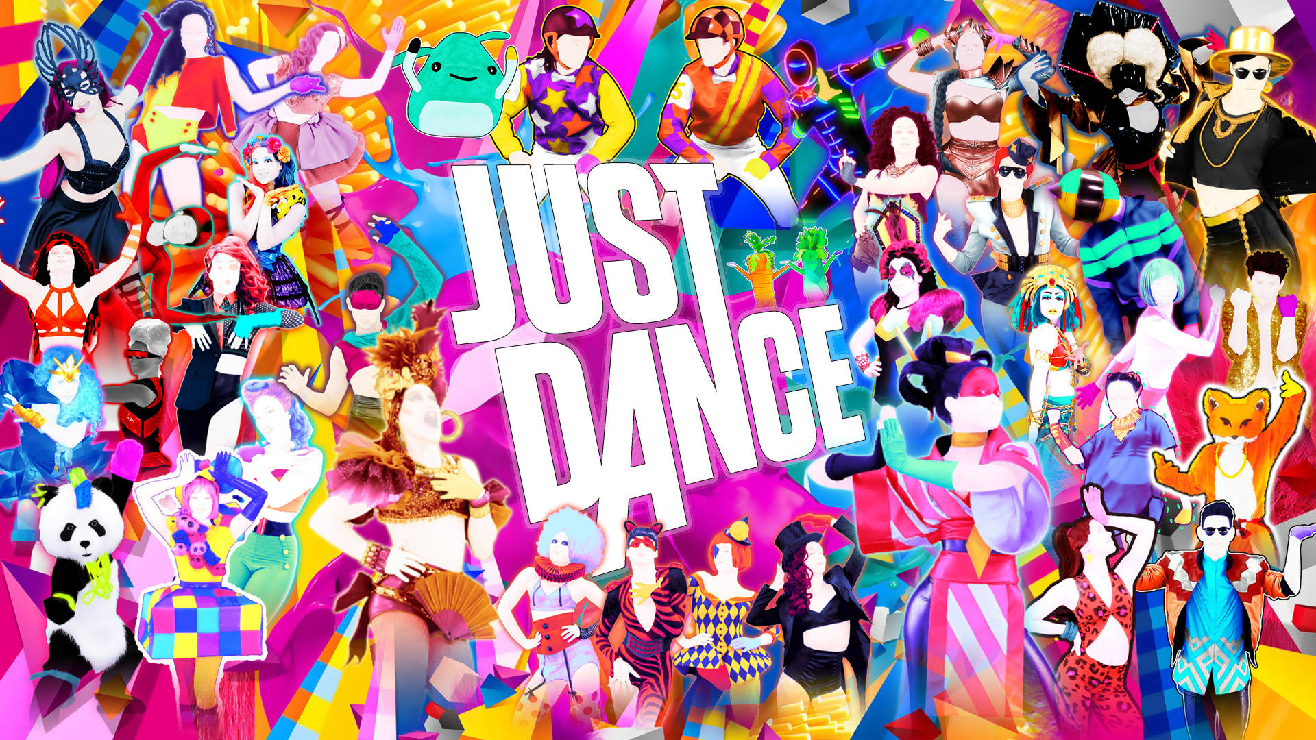 Just Dance 遊戲角色在色彩繽紛的派對場景中跳舞。
