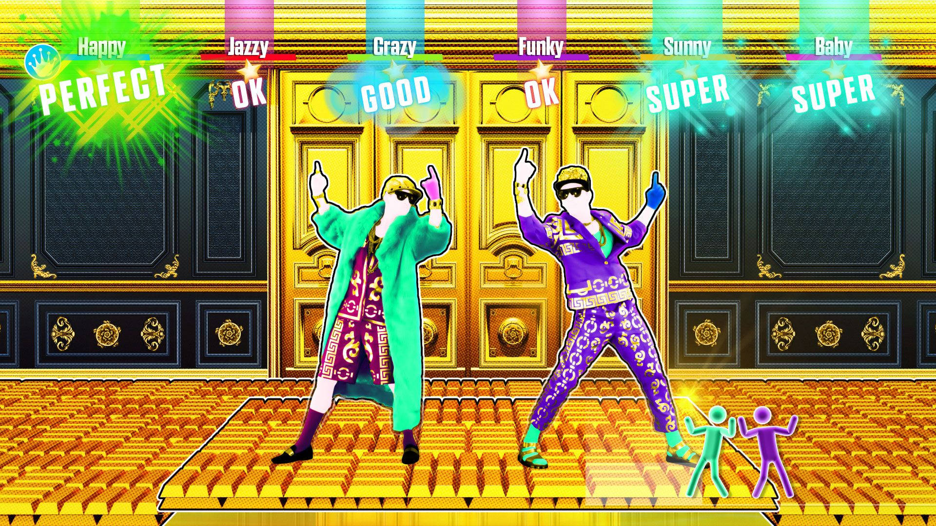 Just Dance舞者於金室 壁紙 — 兩位風格化的舞者穿著鮮豔的服裝，在金色舞台上表演，上方有發光的得分指示器。