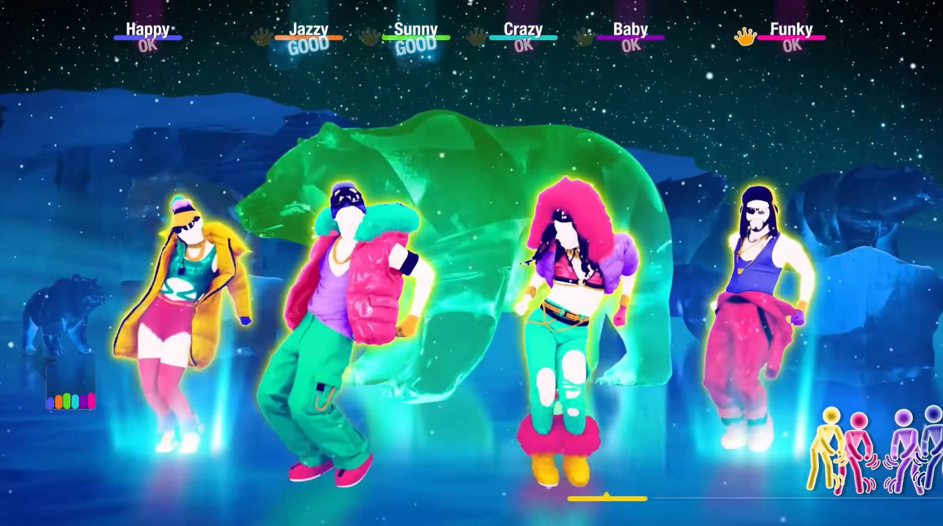 Just Dance舞者與熊 壁紙 — 充滿活力的霓虹舞者在星空下表演，身後有發光的綠色熊剪影。