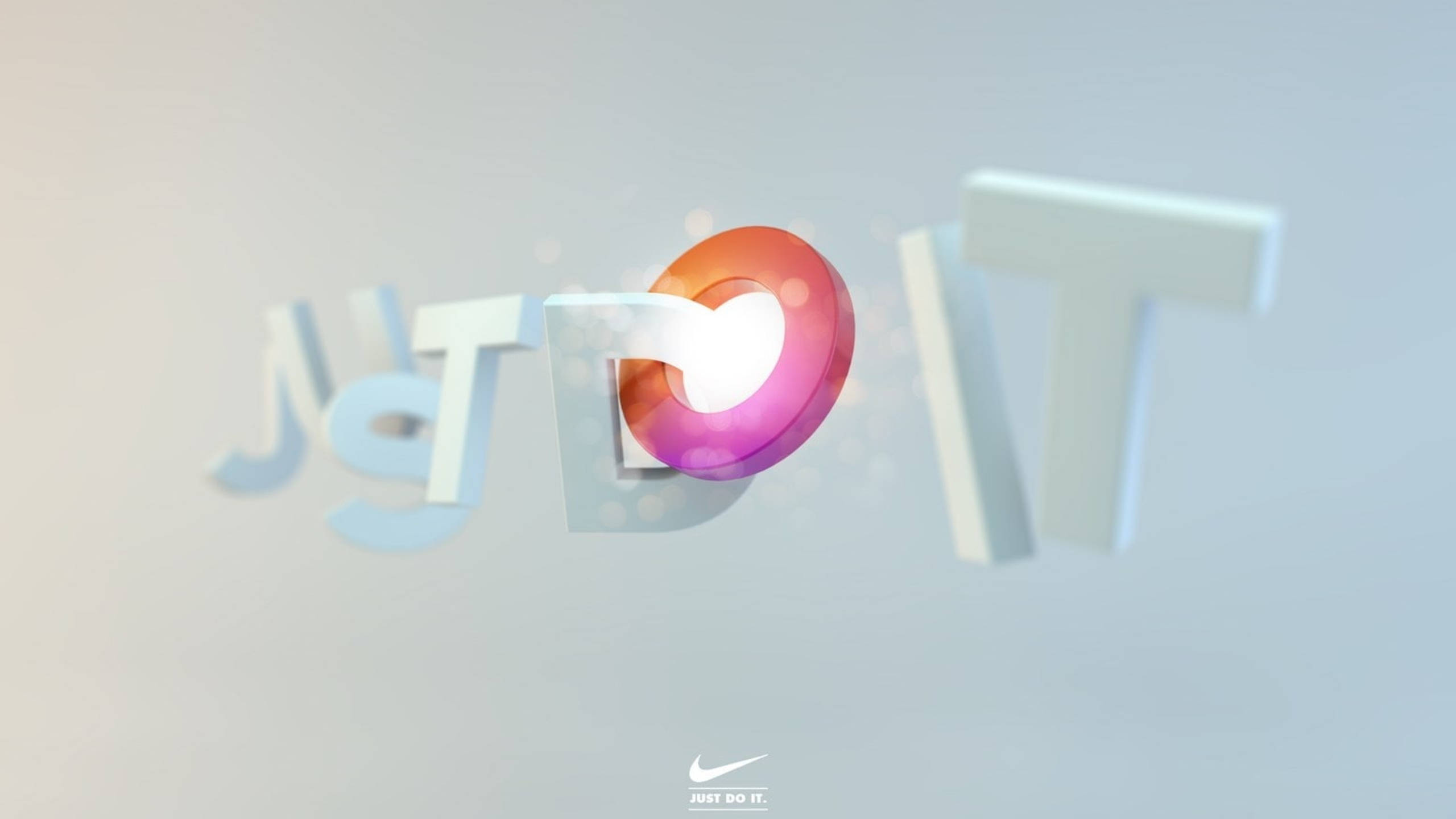 Just Do It 數位3D效果 壁紙 — 3D 渲染的 Nike 'Just Do It' 標誌，以發光漸變心形取代 'O'，背景為柔和漸變色。