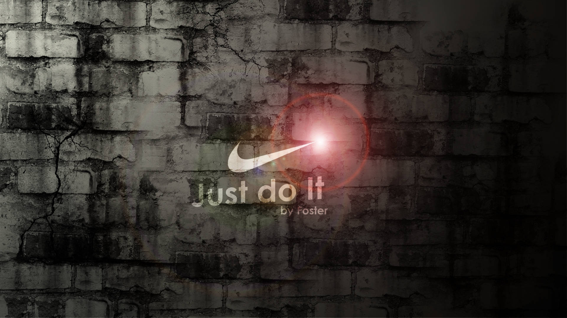 「Just Do It」磚牆設計 壁紙 — Nike 標誌帶有 'Just do it' 文字在裂縫磚牆上發光，帶紅色鏡頭光暈。