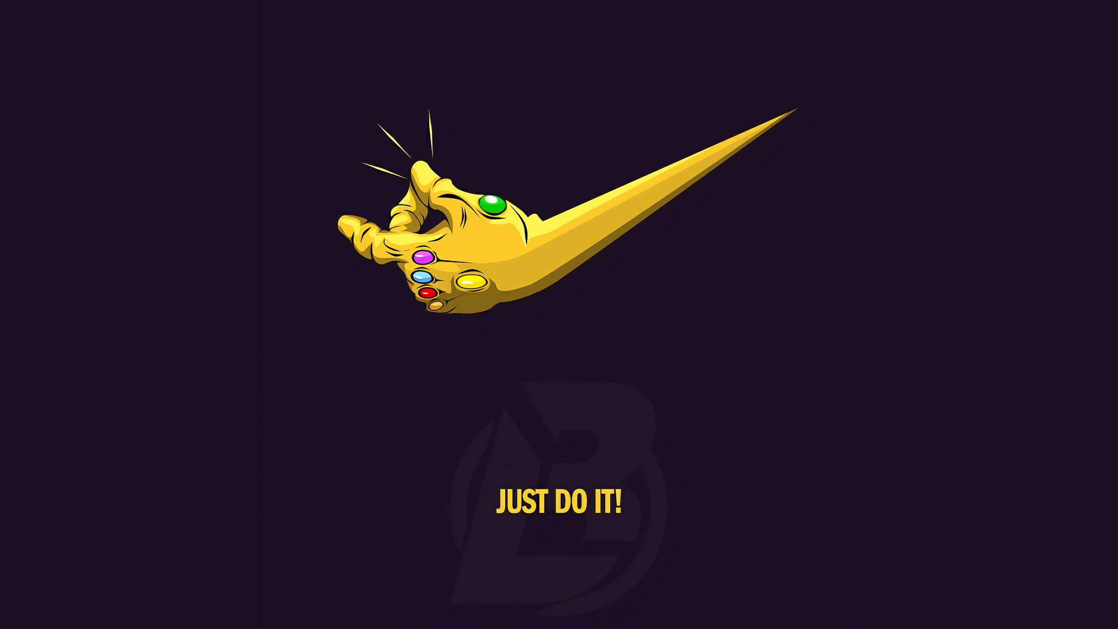 「Just Do It」與Thanos握指動作插畫 壁紙 — 一個金色嘅無限手套，形狀似Nike剔號，喺深紫色背景上發光，下面有「JUST DO IT!」字樣。