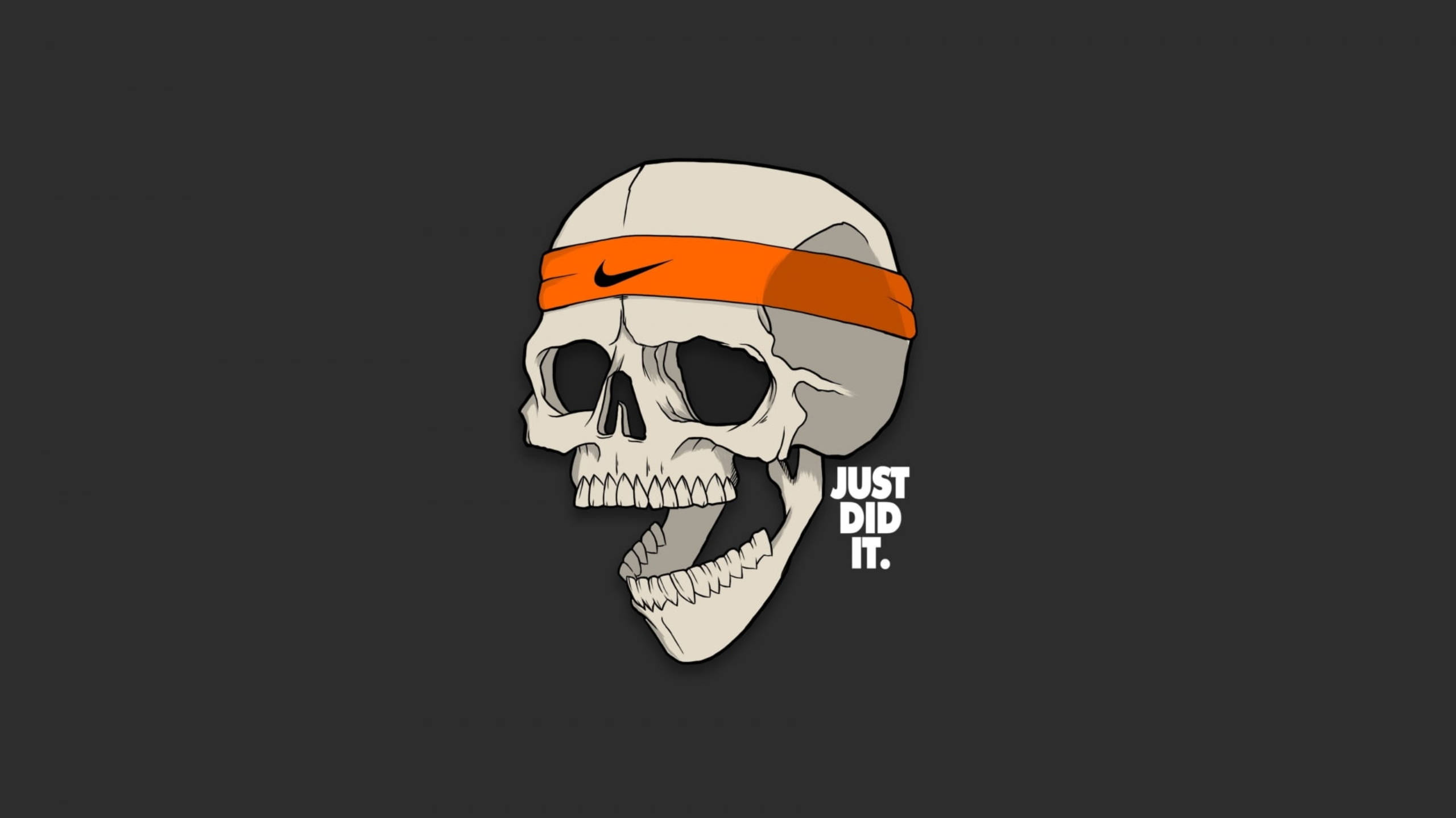 Just Do It 骷髏粉絲藝術壁紙 壁紙 — 一個風格化的頭骨，戴著橙色Nike頭帶，旁邊有「JUST DID IT」文字，背景為深灰色。
