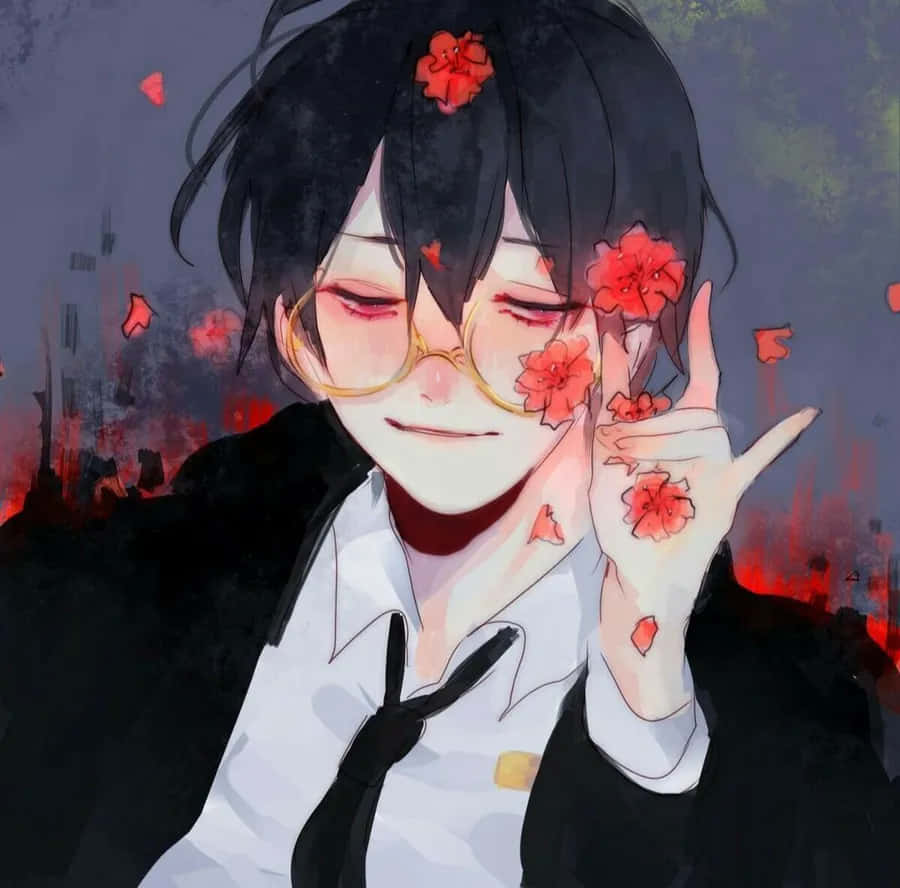 年輕動漫角色，臉上和手上帶有紅花，戴眼鏡穿校服