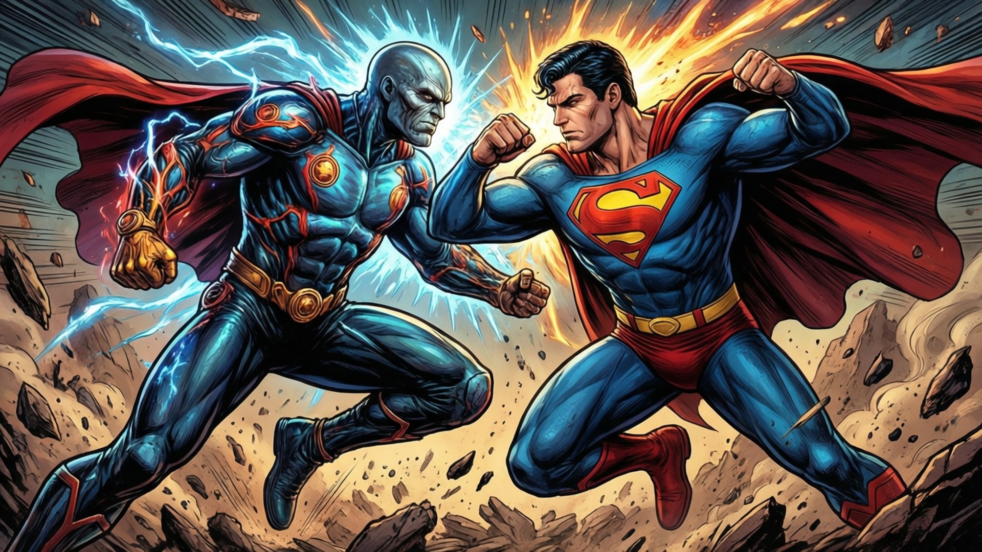 Superman 與 Cyborg Superman 在岩石地形中戰鬥，伴隨著能量爆發。