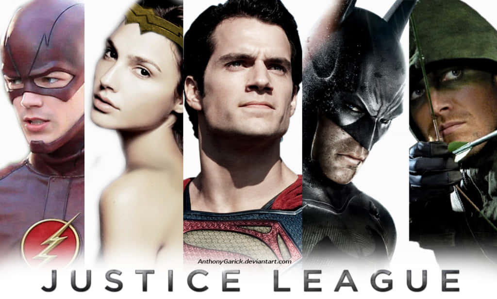 Justice League Unlimited 桌布 壁紙 — 正義聯盟超級英雄的宣傳拼貼，包括閃電俠、神奇女俠、超人、蝙蝠俠和綠箭俠的戲劇性特寫。