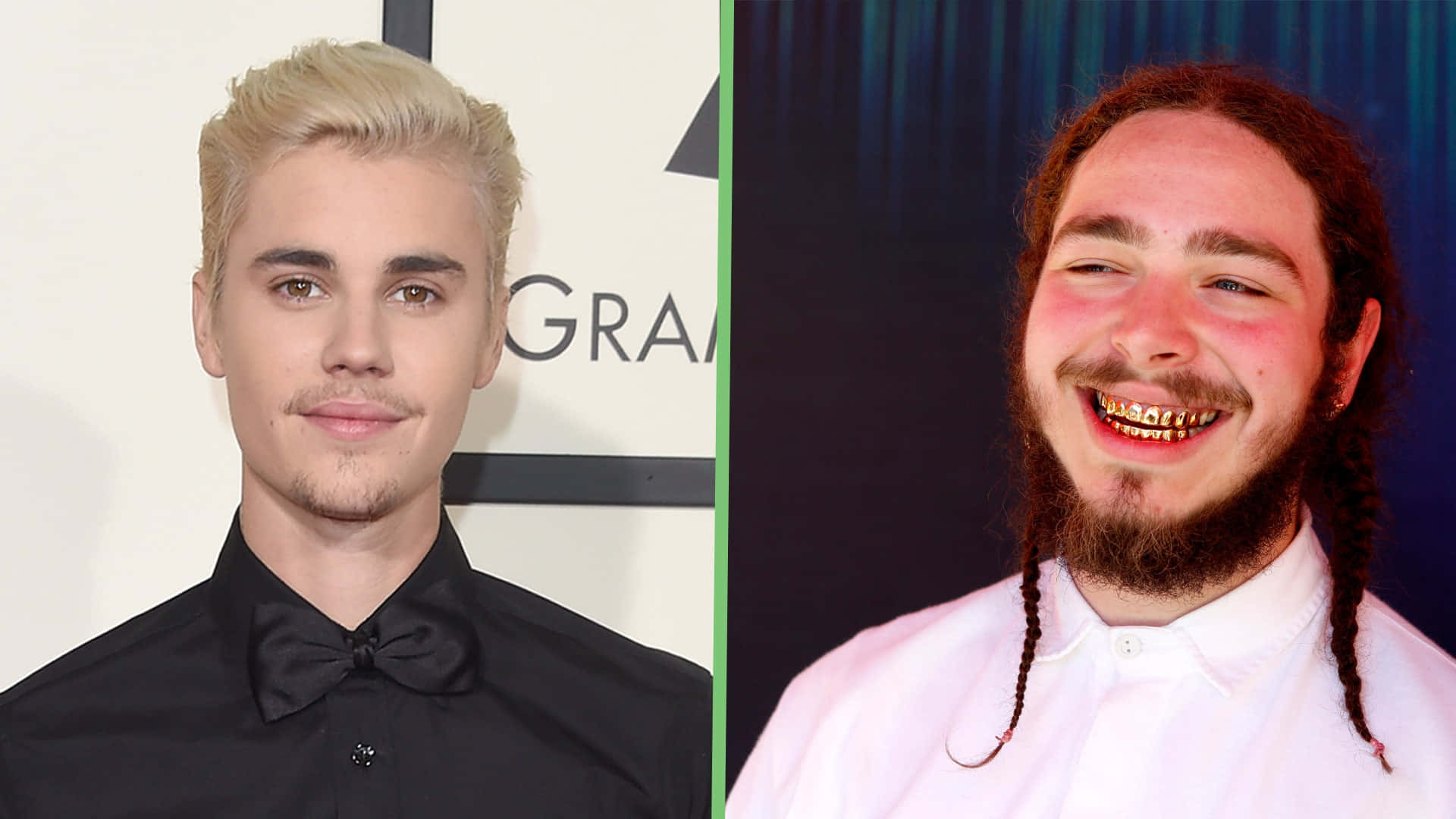 Post Malone 桌布 壁紙 — Justin Bieber 身穿黑色正式服裝與 Post Malone 戴金牙套、辮子頭髮大笑的分割肖像。