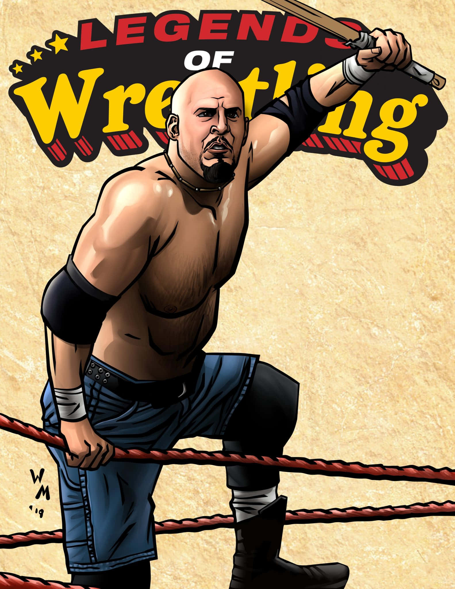 Justin Credible 動畫漫畫藝術 壁紙 — 一個肌肉發達的光頭摔角手穿著藍色短褲，抓住擂台繩索，同時在粗體「Legends of Wrestling」文字下揮舞球棒。