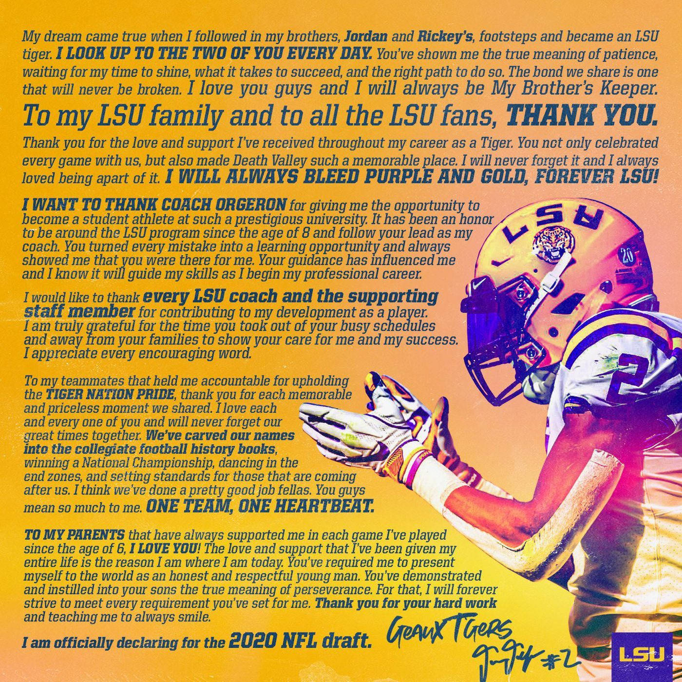 Justin Jefferson 2020 NFL 选秀資訊圖 壁紙 — 一名身穿LSU裝備的足球運動員在鮮黃色背景前舉起手套，並附上衷心感謝的文字，讚揚家人、教練和粉絲。
