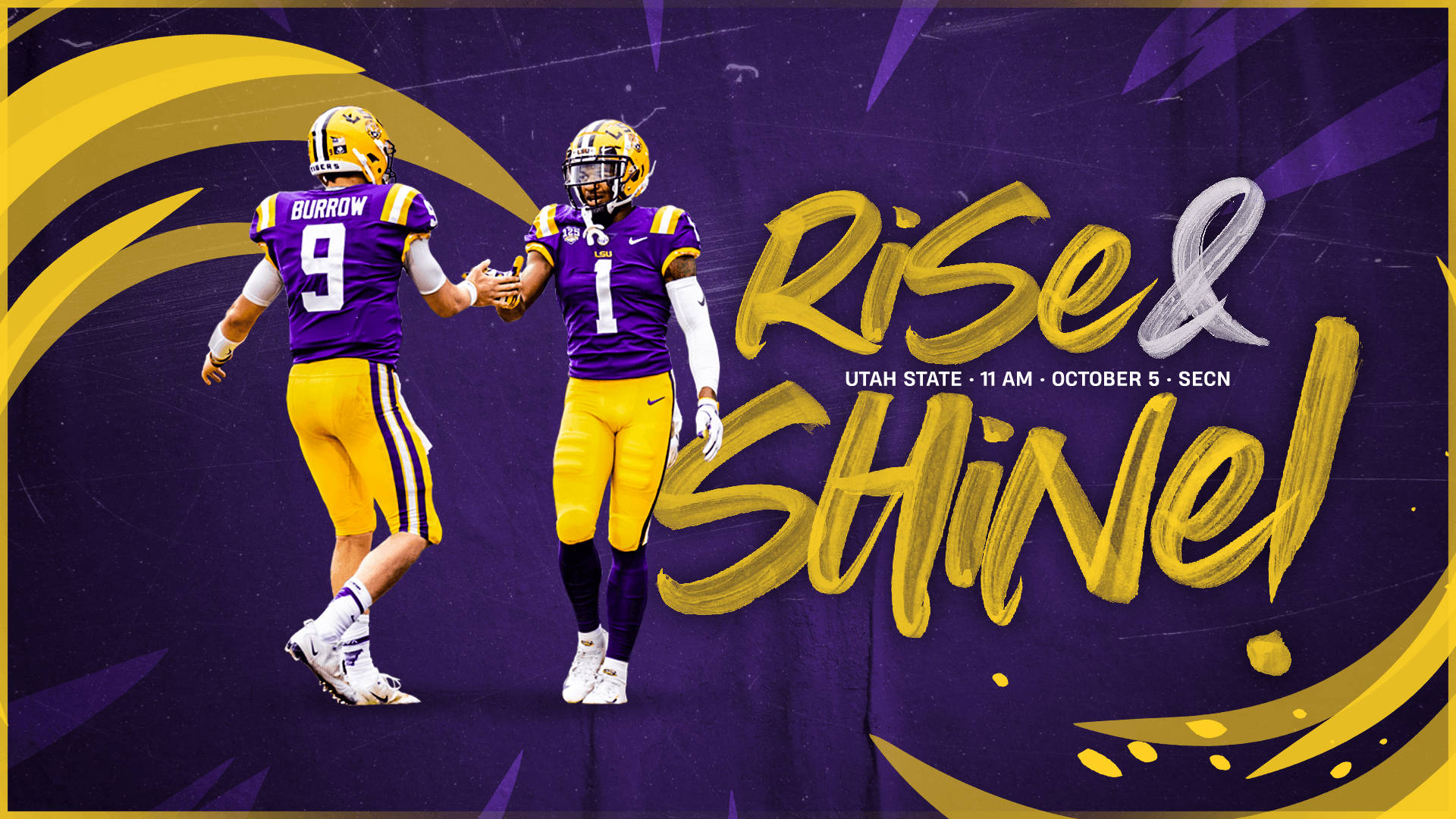 Justin Jefferson Rise And Shine 海報 壁紙 — 兩名身穿紫色和金色球衣的足球運動員在動態的紫色和金色圖形背景前擊掌。