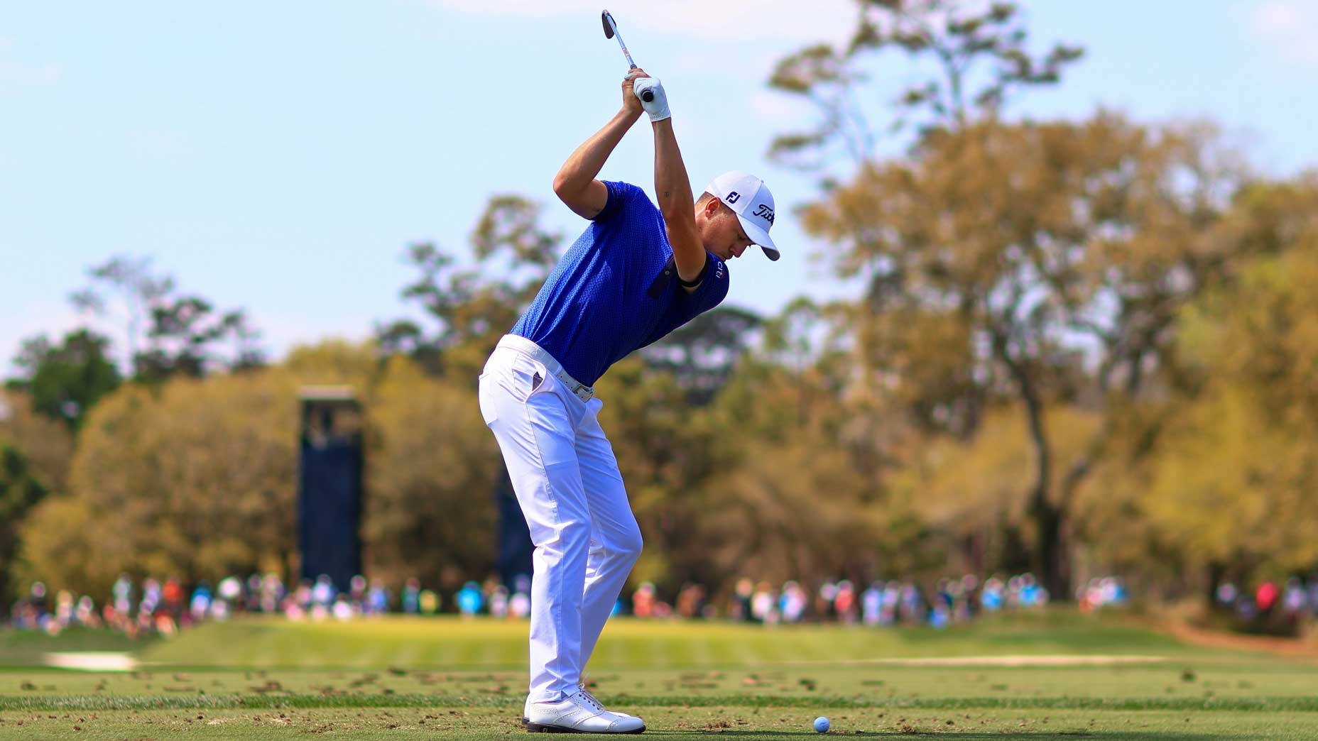 Justin Thomas 高爾夫揮杆 壁紙 — 一位身穿藍色襯衫和白色褲子的高爾夫球手在陽光明媚的高爾夫球場上揮桿，背景有觀眾。