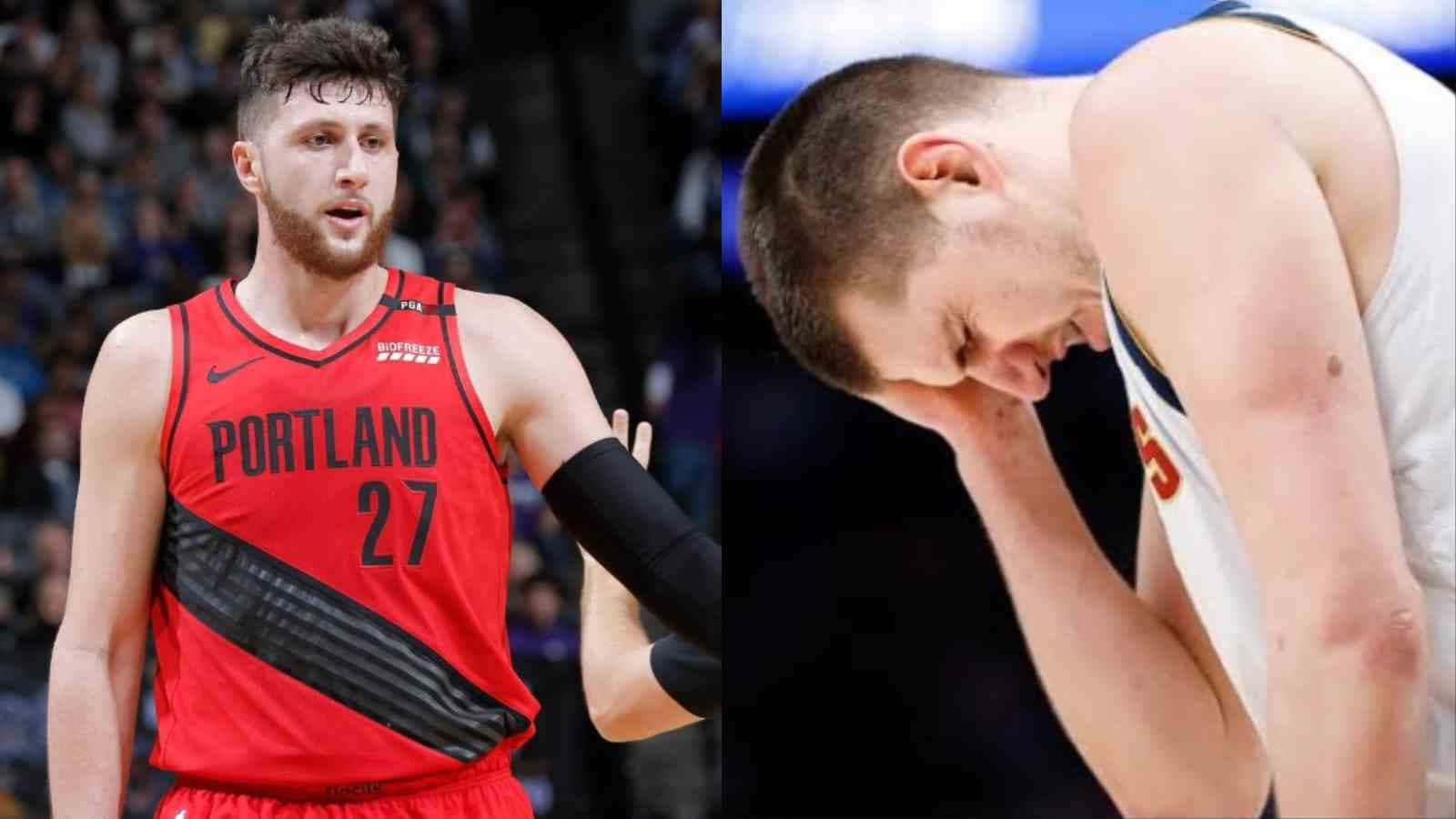 Jusuf Nurkic 與 Nikola Jokic 合輯 壁紙 — 兩名籃球運動員，一名身穿紅色波特蘭球衣向前看，另一名身穿白色球衣低頭認輸。