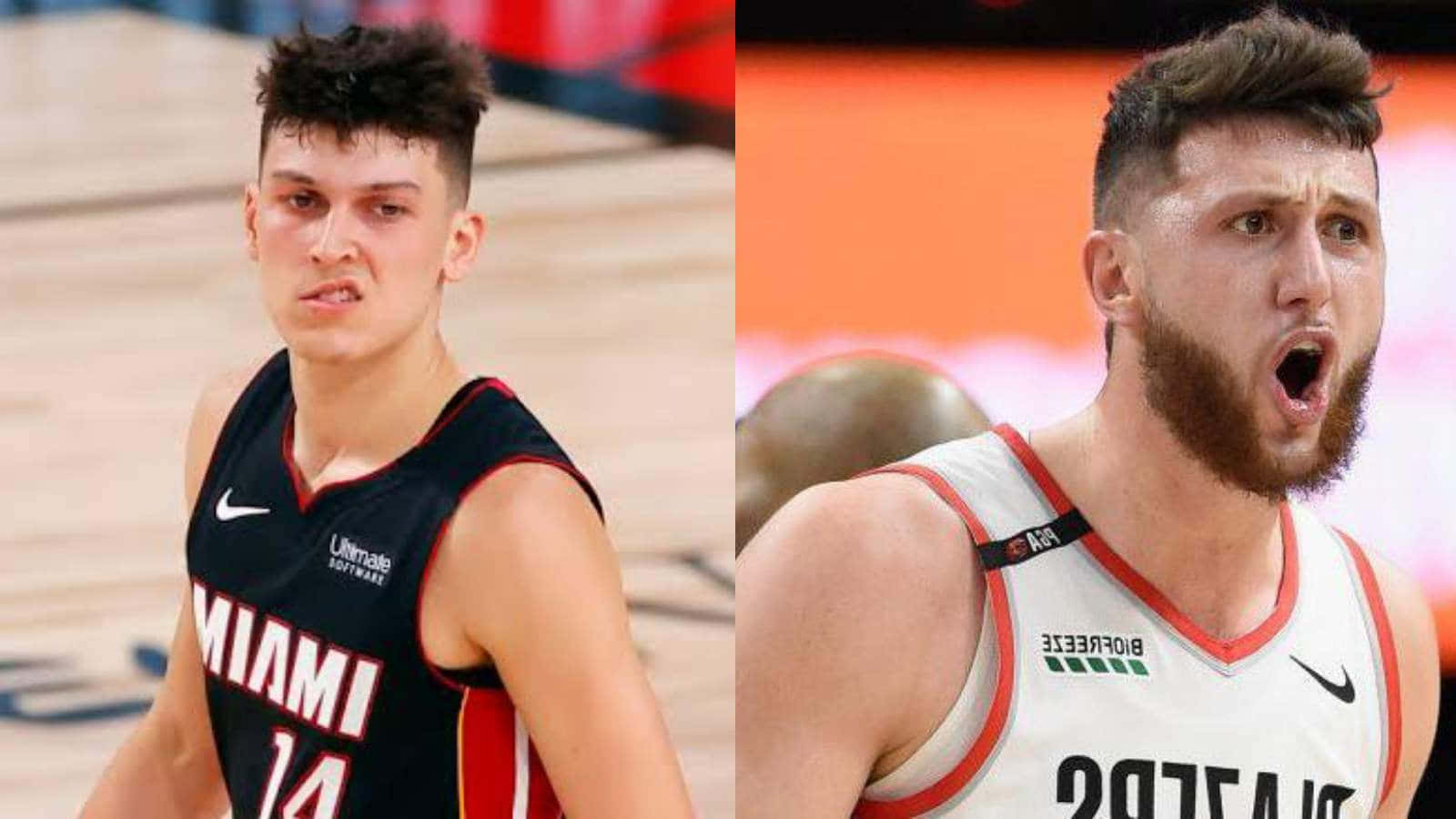 Jusuf Nurkic 與 Tyler Herro 合輯 壁紙 — 兩位專注於比賽中的激烈籃球運動員，一位身穿黑色邁阿密球衣，另一位身穿白色波特蘭球衣。