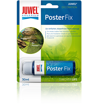 Juwel Poster Fix 水族箱黏貼劑包裝 壁紙 — 藍白相間的Poster Fix膠水管，包裝在綠色和白色的吸塑包裝中，帶有德文文字和水生圖案。