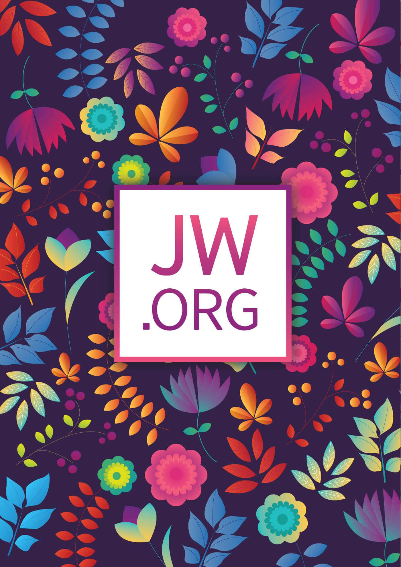 JWorg配花卉圖案於靛藍背景 壁紙 — 深紫色背景上充滿活力的多色花卉圖案，中央白色方框內以粉紅色文字顯示JW.ORG。