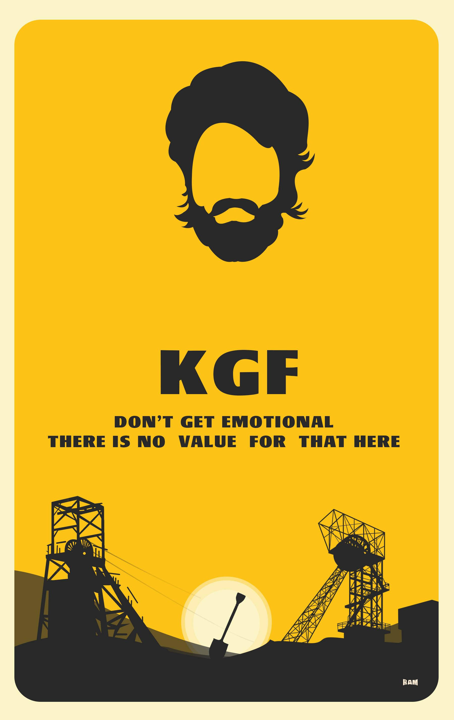 K.G.F 2 黃色背景藝術 壁紙 — 大膽的黃色海報，上面有鬍鬚男子的黑色剪影，位於採礦機械和夕陽之上。