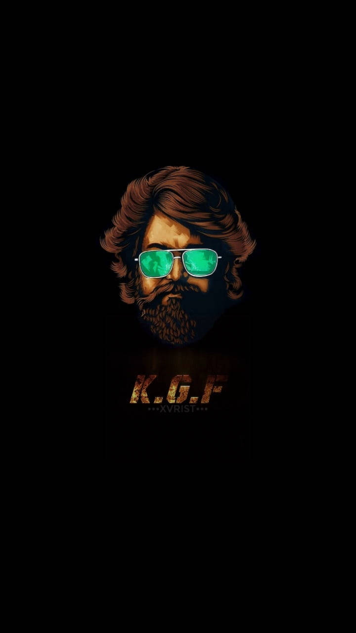 K.G.F 2 黑底畫面 壁紙 — 一個鬍鬚男嘅風格化肖像，戴住綠色反光太陽眼鏡，背景係黑色，仲有發光嘅KGF文字。