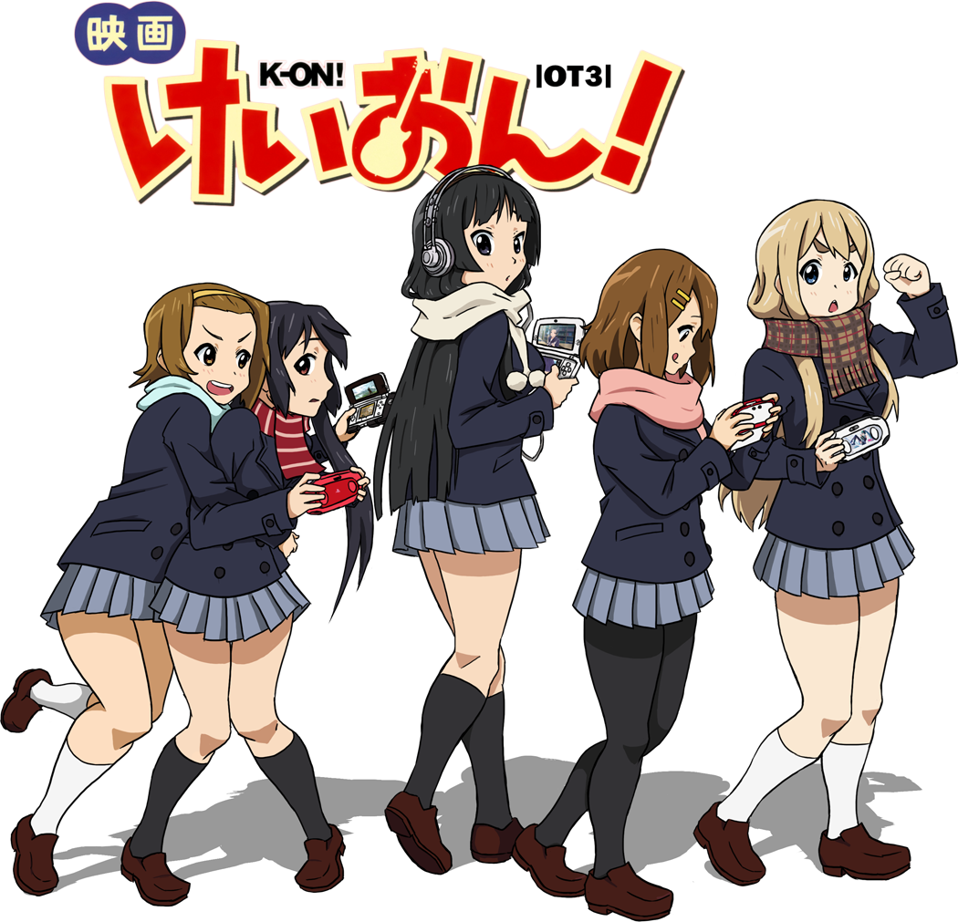 K-On!動畫角色 壁紙 — 五個穿著校服的動畫女孩在粉紅色標題橫幅前帶著興奮的表情玩掌上遊戲。
