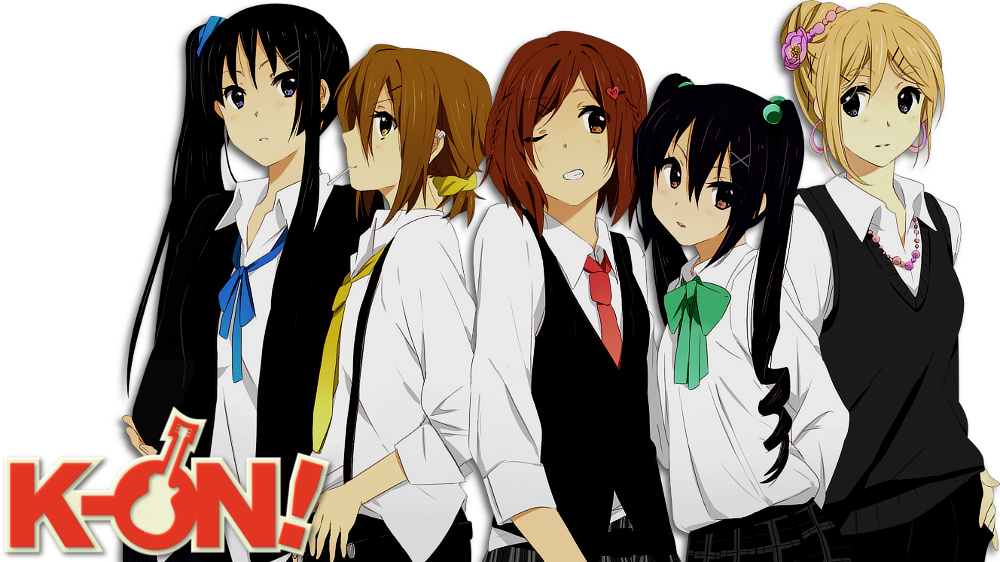 K-On! 劇中五人組合姿勢 壁紙 — 五個動畫女學生穿著校服站在黑色背景前，下方有「K-ON!」標誌。