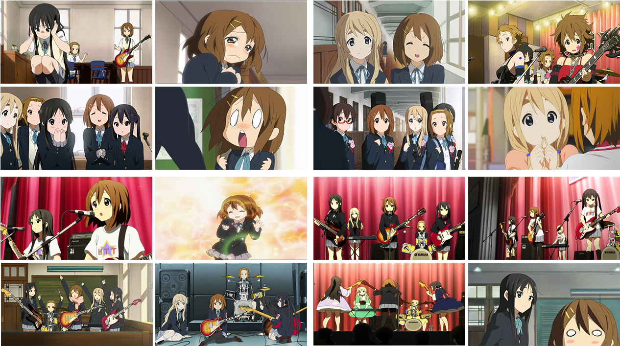 K-ON! 动画拼贴 壁紙 — 穿著校服的動漫女孩在紅色帷幕下用吉他、鼓和麥克風在舞台上進行現場音樂表演。