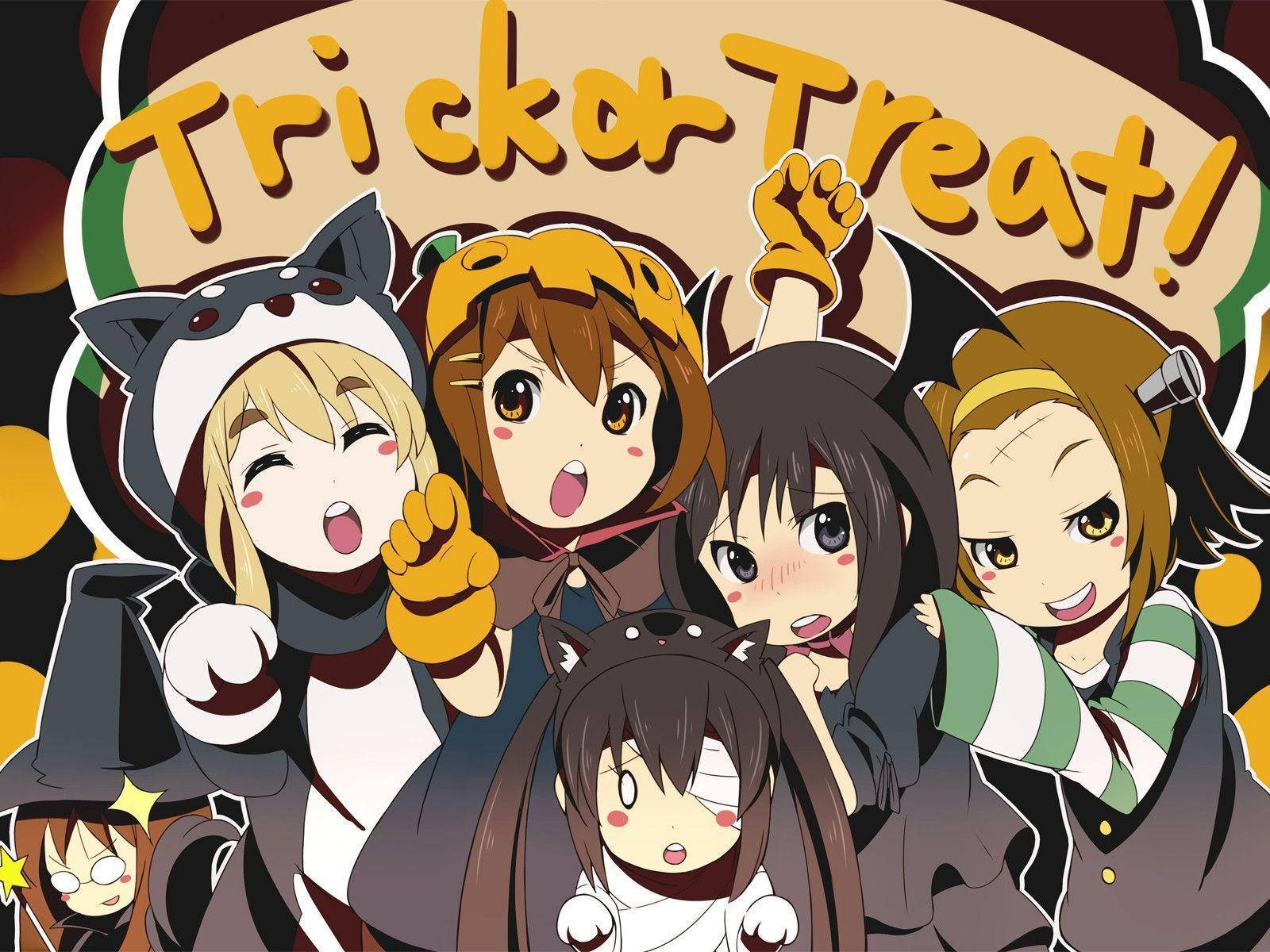 五個穿著萬聖節服裝的動畫女孩微笑著擺出 trick or treat 的姿勢。