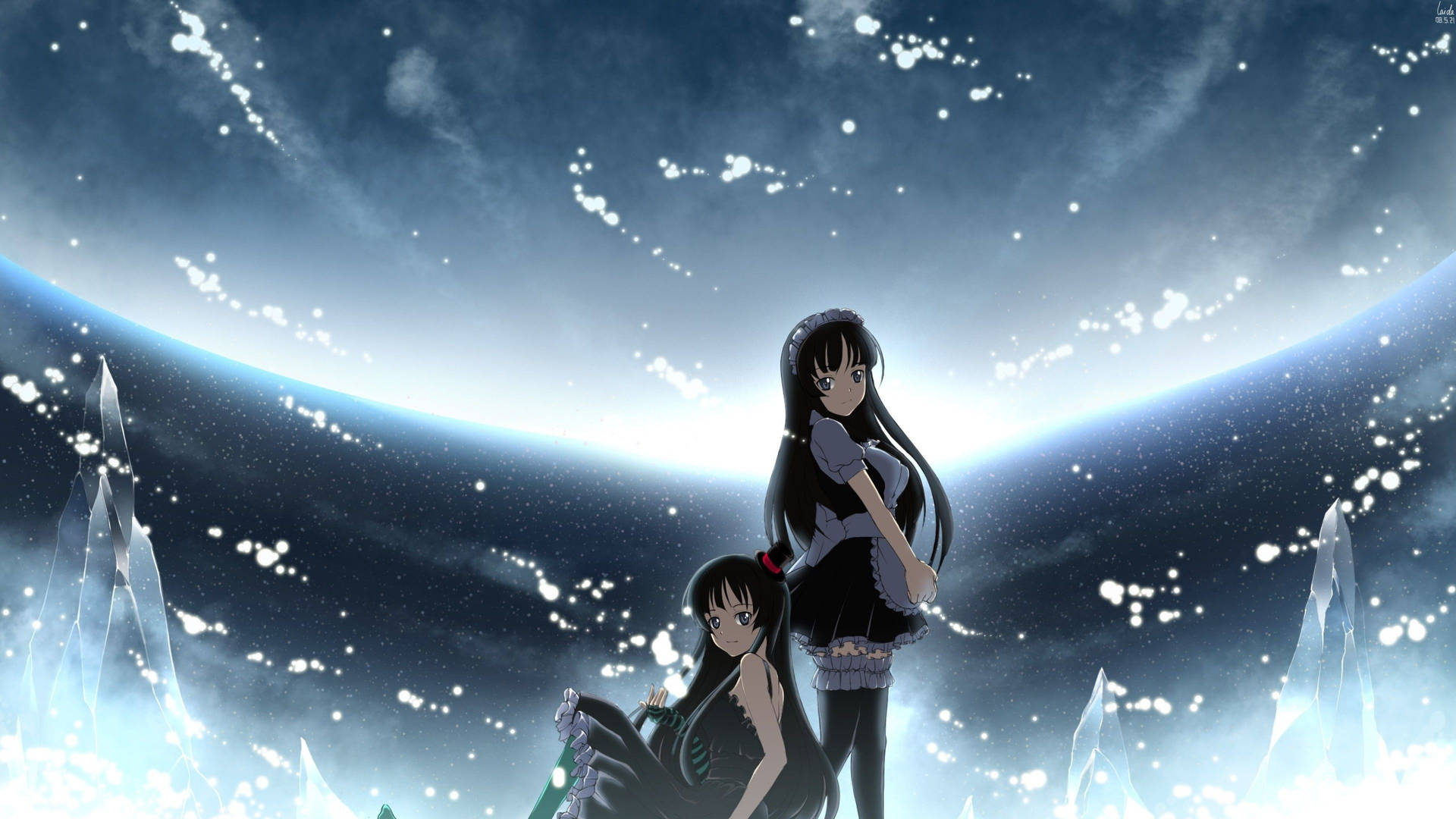 兩個動漫女孩在水晶尖塔上，下方是發光的行星和星空。