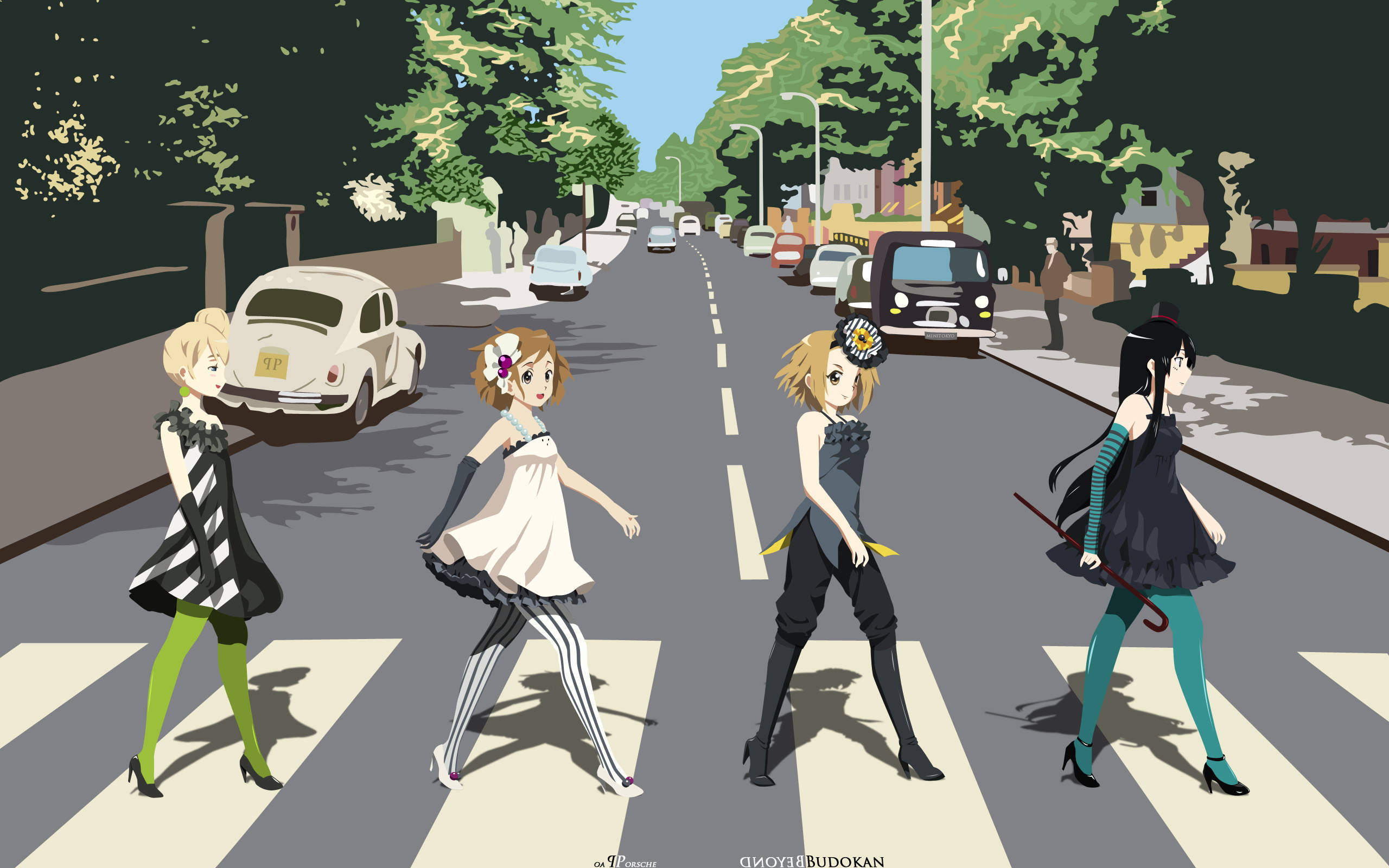 K-on 女孩在人行道上 壁紙 — 四個穿著時尚服裝的動漫女孩在綠樹成蔭的街道上穿越斑馬線，路邊停著復古汽車。